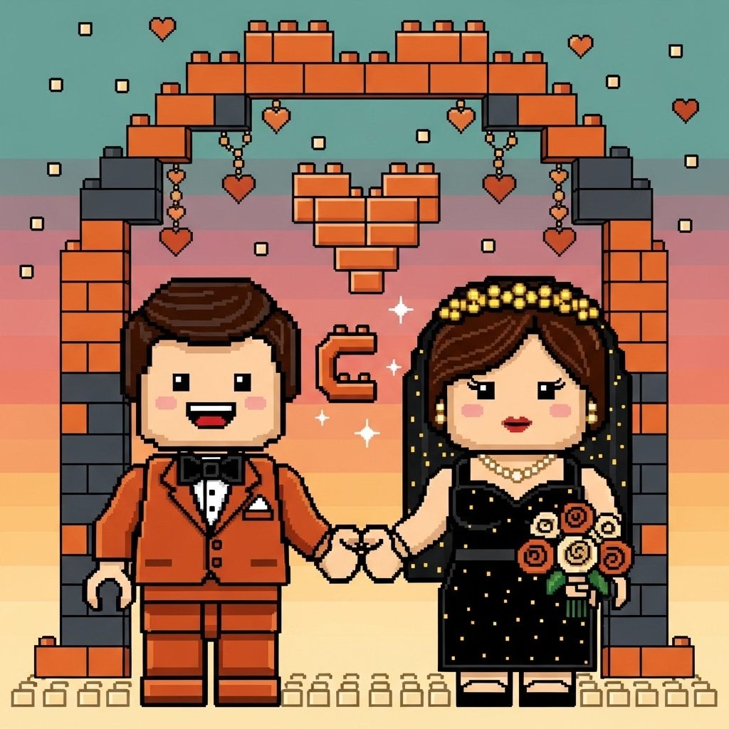 Lego Groom Burnt orage suite bride black dress, and Wedding Card