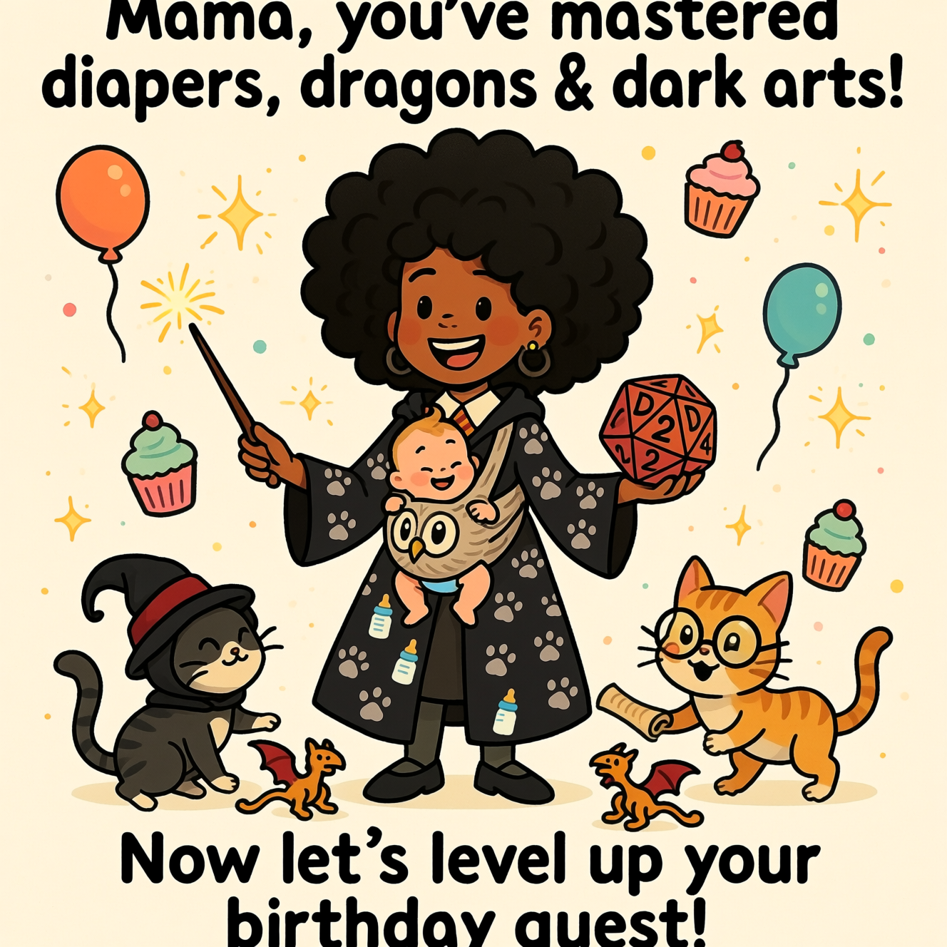 At the top of the image, "Mama, you’ve mastered diapers, dragons & dark arts!"  

At the bottom of the image, "Now let’s level up your birthday quest!"  

In the center, illustrate a playful cartoon scene: a cheerful mama with big, bouncy black curly hair, wearing a wizard’s robe patterned with tiny paw prints and baby bottles. She’s holding a wand in one hand and a plush D20 dice in the other, while a tiny baby in a diaper rides on her back in a sling shaped like Hedwig the owl. Around her feet, two mischievous cats (one wearing a tiny D&D rogue hood, the other with little round Harry Potter glasses) bat at scrolls and toy dragons. The background is bright and whimsical with floating magical sparkles, scattered cupcakes, and colorful balloons.
Generated with these themes: Diapers , Being a mama, Harry Potter , DND , Cats , Black curly hair , and .
Made with ❤️ by AI.
