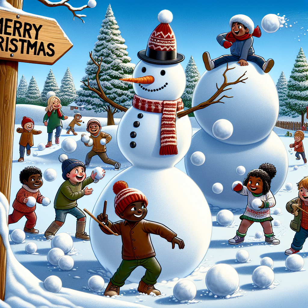An animated snowman with a carrot nose is in the middle of a snowball fight with a group of kids, throwing snowballs with stick arms. One kid is sneakily building a giant snowball behind a tree. The snowy landscape includes a signpost that reads 'Merry Christmas' in a fun, bold font.
Generated with these themes: kids.
Made with ❤️ by AI.