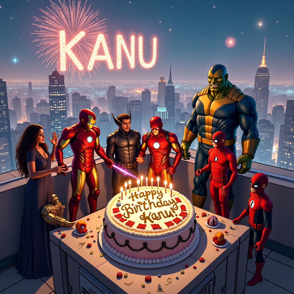 Iron man, Thor, Hulk, Flash, Spiderman, Deadpool, Black panther, Captain america, Wolverine, Thanos , Birthday cake with kanu written on it, Banner with kanu written on it, and Keep character proportions Birthday Card
