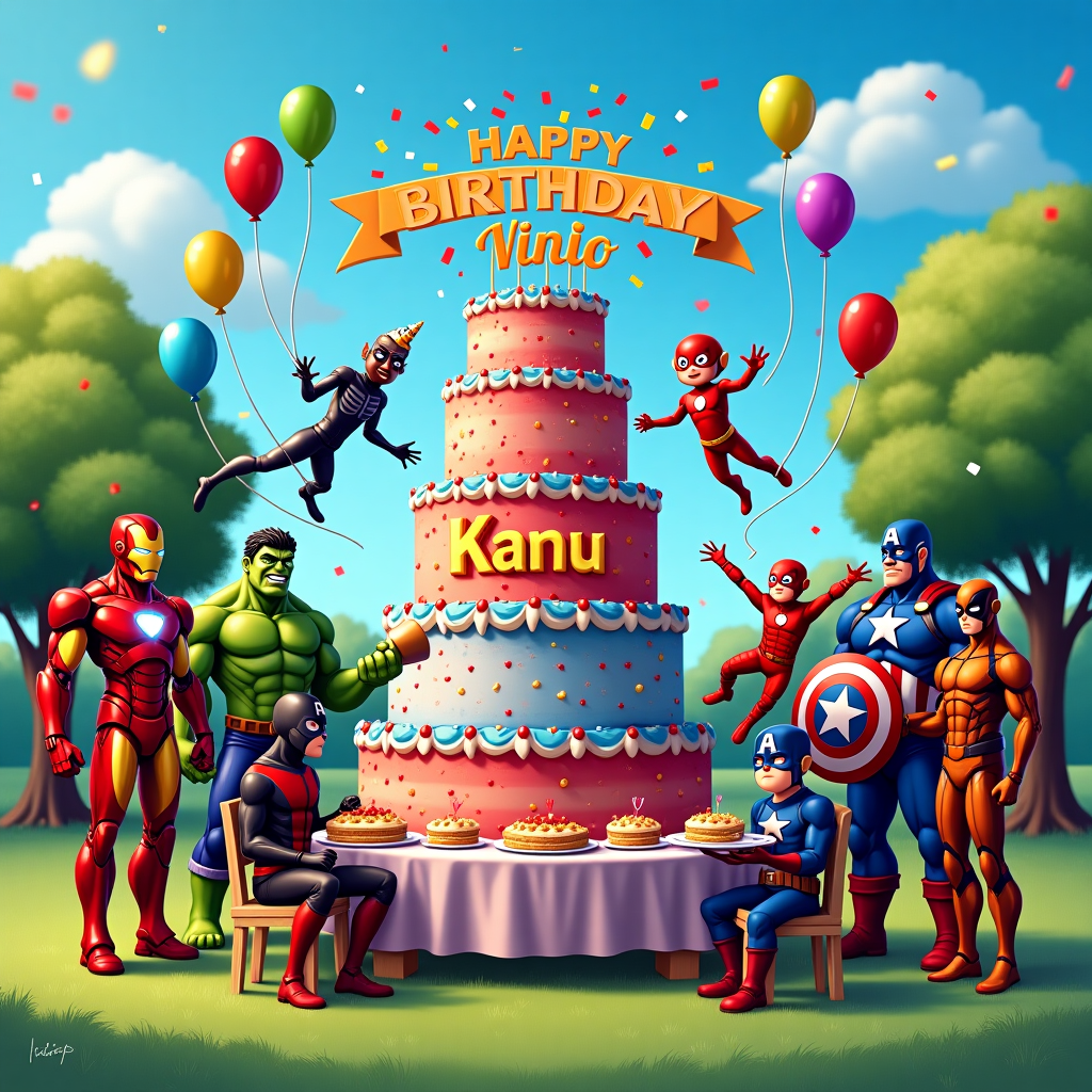 In a vibrant park setting under a clear blue sky, a grand birthday party unfolds with superhero guests. At the center, an enormous birthday cake towers, frosted in vibrant red and blue with "Kanu" inscribed in bold, golden letters across the middle tier. Standing heroically beside the cake, Iron Man, in his sleek red and gold armor, holds a futuristic, glowing cake cutter, ready to slice through the layers. Thor stands on the opposite side, his iconic hammer Mjölnir placed next to him, and wears a party hat jauntily on his head. Hulk, in his classic ripped purple shorts, is juggling three balloons: one green, one purple, and one blue, each adorned with "Kanu" written in glimmering letters. Nearby, Flash zooms around the picnic tables, setting plates and cutlery with lightning speed, leaving a trail of red and yellow streaks. Spiderman swings from a large "Happy Birthday Kanu" banner strung between two trees, upside down, waving with a goofy grin. Deadpool, with his mask slightly askew, playfully aims a confetti cannon skyward, releasing a burst of multi-colored paper that forms the word "Kanu" as it flutters down. Black Panther, poised gracefully, holds a platter of vibranium cupcakes, while Captain America, shield in hand, uses it as a makeshift platter for a stack of sandwiches. Wolverine, with a mischievous glint in his eyes, uses his adamantium claws to carve a statue of "Kanu" out of an ice block. Lastly, towering above them all is Thanos, surprisingly in a chef's hat, decorating the edges of the cake with precision. The scene is bustling with joy and humor, as each superhero's unique powers and characteristics come together to create an unforgettable birthday for Kanu.
Generated with these themes: Iron man, Thor, Hulk, Flash, Spiderman, Deadpool, Black panther, Captain america, Wolverine, Thanos , Birthday cake with kanu written on it, Banner with kanu written on it, and Keep character proportions.
Made with ❤️ by AI.
