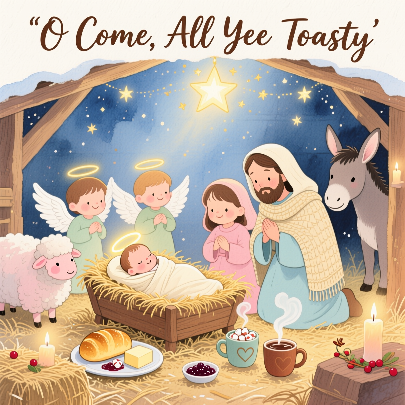 Kids nativity scene with angels and sheep etc, Baby jesus in the manger, Small breakfast plate with bread rolls and hot drinks, and Christmas Card