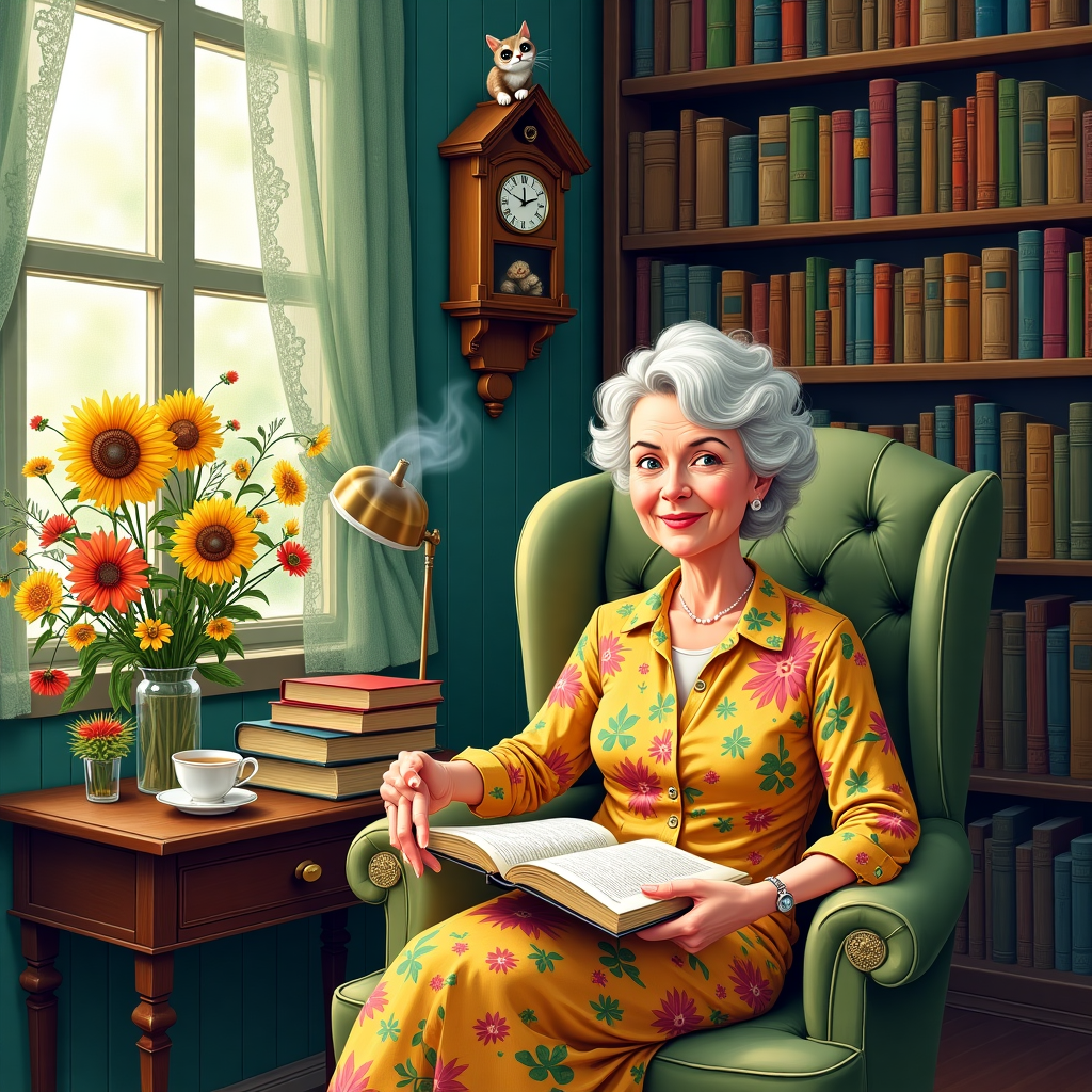 In a quaint, sun-dappled room bursting with whimsy, we find Carol, the ever-youthful octogenarian, exuding an effervescent warmth that belies her 80 years. Picture a cozy nook lined with shelves of books, their spines a patchwork of jewel tones and gold embossing, each telling tales of adventures past. Carol sits gracefully on a plush, vintage armchair, upholstered in a floral fabric reminiscent of Beatrix Potter’s garden scenes. Her warm smile radiates happiness, accentuating her sparkling eyes framed by laughter lines that tell stories of a life filled with joy.

Flanking her are bouquets of vibrant flowers in riotous colors, evoking the lush illustrations of Maxfield Parrish. Delicate daisies, sunflowers, and wild roses intermingle in a way that mirrors her vivacious spirit. An elegant side table, made of polished mahogany, holds a delicate china teacup with a saucer, steam curling above it like a friendly ghost. Perched atop a stack of leather-bound tomes, a curious cat with eyes as green as the deep forest peers at Carol, adding a touch of mischief to the scene—a nod to Maurice Sendak’s whimsical creatures.

On the walls, watercolor illustrations of birds in mid-flight—perhaps a subtle homage to Arthur Rackham—add an airy lightness. The sunlight filters through a window draped with sheer lace curtains, casting intricate patterns reminiscent of Aubrey Beardsley’s elaborate line work across the floor. Carol’s faithful aura is subtly captured by a well-worn Bible resting open on her lap, its pages splayed to reveal delicate, penciled annotations, symbols of her enduring faith and zest for knowledge.

An old cuckoo clock, complete with a cheeky bird that pops out to mark each hour, hangs nearby, its woodwork echoing the detailed craftsmanship of Edward Gorey. This enchanting setting is imbued with the playful yet classic touch of Quentin Blake’s vivid palette, bringing this celebratory tableau to life in a uniquely heartwarming and humorous manner—a testament to Carol’s unwavering happiness and timeless spirit.
Generated with these themes: Carol is 80 years young with a warm smile., She is sitting in a small beautiful room surrounded by books and flowers., and She is a faithful and happy person .
Made with ❤️ by AI.
