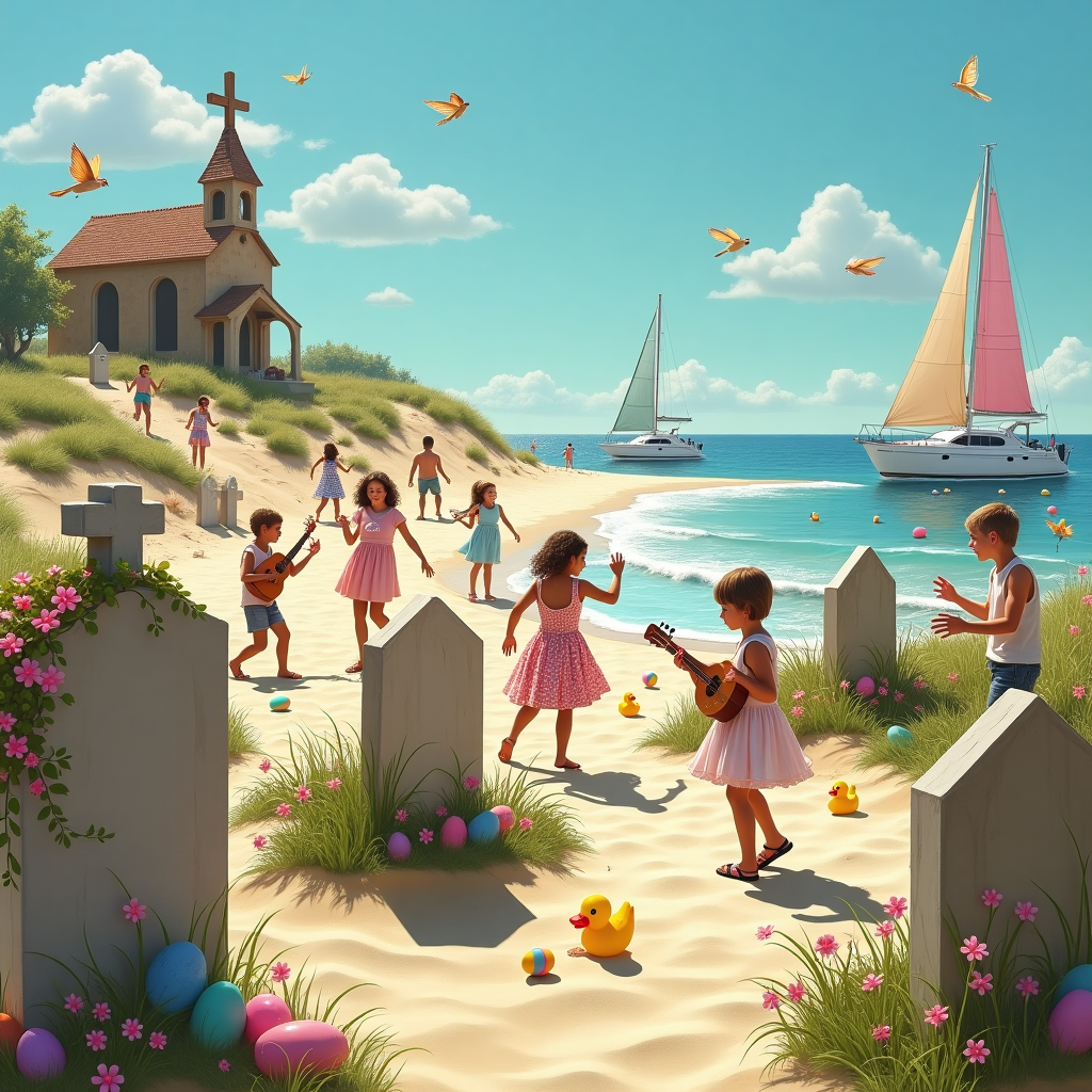 Cross, Easter eggs, Church, Flowers, Butterflies, Birds, Beach, Yachts, Grave yard, Egg hunt, Music, and Dancing Easter Card
