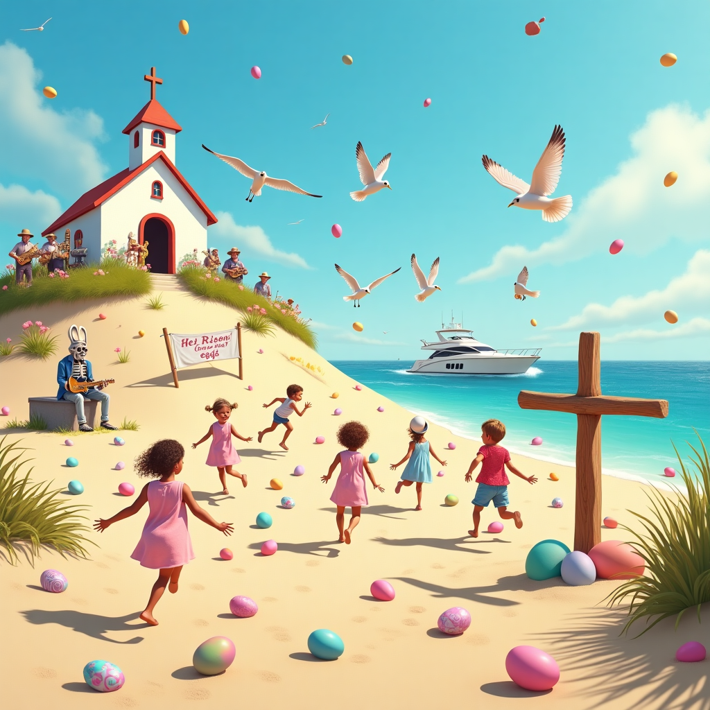 **Prompt:**

A bright and funny Easter morning scene on a sunny beach where an egg hunt is hilariously out of control. Children in pastel outfits chase runaway Easter eggs that have somehow sprouted legs and are sprinting across the sand. In the background, a traditional white country church is whimsically perched atop a sand dune, adorned with colorful flowers and butterflies fluttering around. Seagulls and small songbirds are attempting to snatch decorative eggs mid-air while a brass band of elderly beachgoers in sun hats (complete with tuba, saxophone, and accordion) plays joyful Easter music near the dunes. In one corner, a couple of well-dressed skeletons (tastefully humorous) sit on tombstones in a small adjacent beachside graveyard, cheerfully clapping to the beat. Meanwhile, yachts float nearby, some with giant inflatable Easter bunnies on board. In the center, a large wooden cross made from beach driftwood is humorously draped with a banner reading “He is Risen (and so are the eggs!)”. Nearby, adults join in a clumsy but spirited sand dance-off, laughing as butterflies land on their heads.

Photorealistic, bright daylight, playful, humorous chaos, lots of movement and cheerful color.
Generated with these themes: Cross, Easter eggs, Church, Flowers, Butterflies, Birds, Beach, Yachts, Grave yard, Egg hunt, Music, and Dancing.
Made with ❤️ by AI.