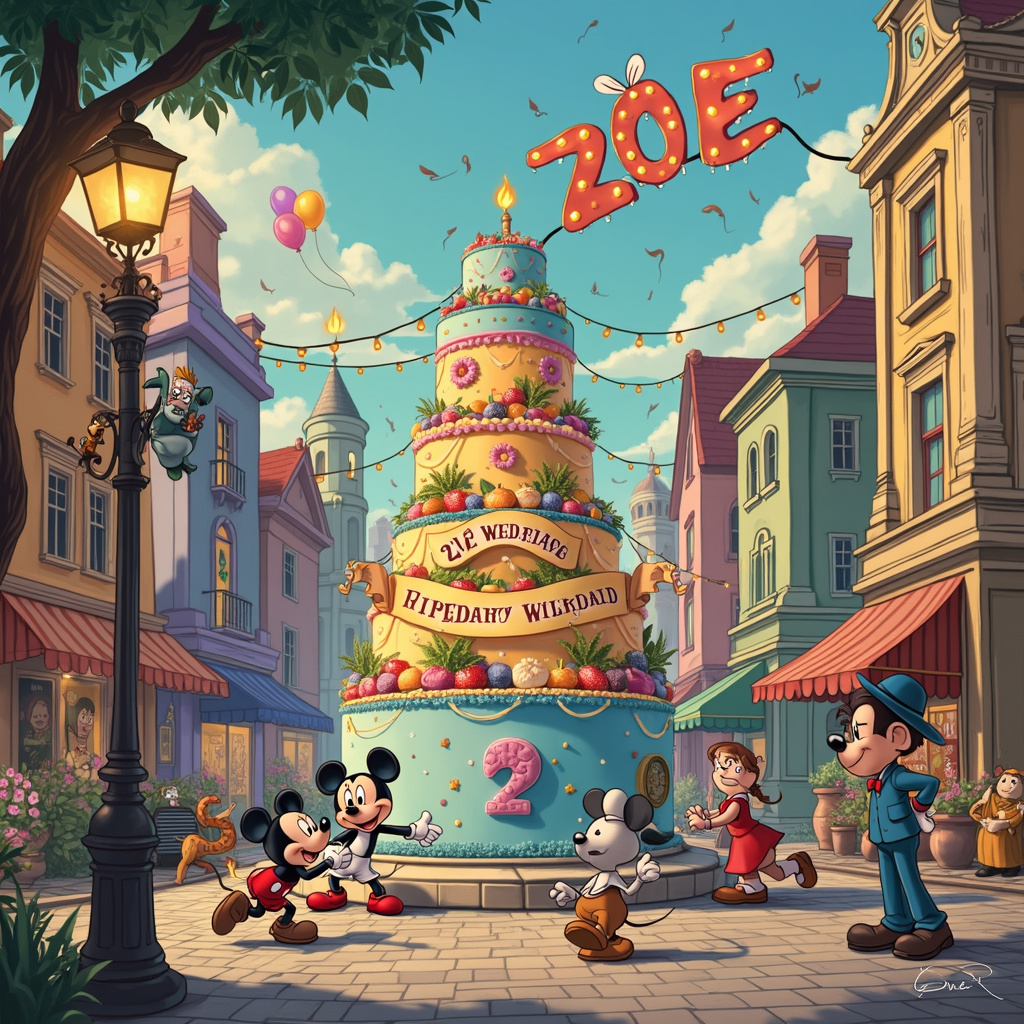 In the vibrant foreground of our birthday scene, we find a picturesque, enchanted town square that feels like it’s right out of a Disney movie, complete with cobblestone streets and whimsical, pastel-colored buildings. At the center of the square stands a large, ornate cake that looks like it came from the set of a musical theatre production—each layer decorated with musical notes, theater masks, and tiny clock gears. 

The cake is surrounded by characters from different worlds: Mickey and Minnie Mouse stand on one side, holding an enormous birthday banner that reads "Happy 22nd Birthday, Zoe!" in elegant script. Nearby, Calvin and Hobbes from Bill Watterson’s world are caught mid-dance, dressed in retro 1950s outfits inspired by "Back to the Future". They are joyously spinning around a lamppost wrapped in fairy lights. In another corner, Tintin and Snowy from Hergé’s adventures are looking curiously at a DeLorean time machine, which is parked beside a small stage set for a musical theatre performance.

In the sky above, the clouds have whimsically formed into the letters spelling "Zoe" in the signature style of Charles Schulz’s Peanuts. Additionally, balloons in the shape of Astro Boy and Little Nemo float around, adding a playful touch. Around the cake, candles burn brightly, and each flame forms the shape of a tiny Disney character—like Tinker Bell, Aladdin’s Genie, and Simba from The Lion King.

As a final touch, the town square's fountain has been turned into a chocolate waterfall with R. Crumb’s quirky characters splashing around in it, and the walls of the buildings have posters reminiscent of Gary Larson’s "The Far Side" humor, each one featuring a different cartoonish joke about turning 22.

This scene encapsulates a whimsical blend of nostalgia and celebration, bringing together a unique mix of influences to create a magical birthday card for Zoe.
Generated with these themes: Musical theatre, Back to the future, 22, Cake, and Disney .
Made with ❤️ by AI.
