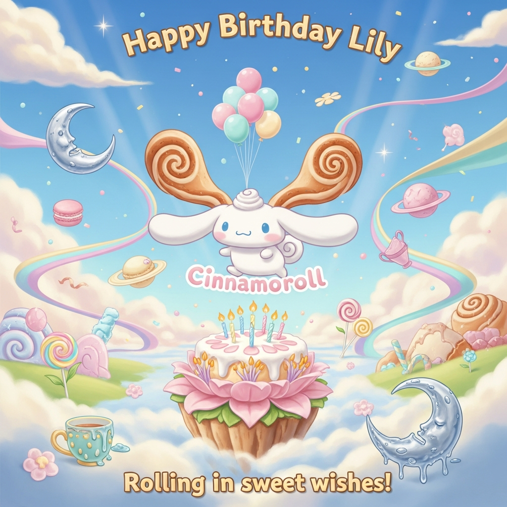 At the top of the Surreal Style image, Happy Birthday Lily
Cinnamoroll floats in a dreamy, Dali-inspired candy sky: the fluffy white puppy with long floppy ears and a cinnamon-roll tail drifts above a cloud-island birthday cake that blossoms like a lily, candles melting into tiny star-shaped balloons. His ears unfurl into swirling cinnamon bun clouds that become pastel ribbon pathways across the sky, connecting to macaron planets and teacups that ooze into silver crescent moons. Marshmallow hills gently sag, lollipop flowers sway, and sugar confetti glitters like stardust. Ethereal pearlescent lighting with soft volumetric rays, glossy sugar highlights, plush textures; palette of baby blue, cream, blush pink, and mint. Composition: full-bleed, cute and whimsical, center focus on Cinnamoroll, painterly yet crisp detail, gentle shadows, ample negative space above. Top text styled as puffy cloud lettering with a frosting sheen.
At the bottom of the Surreal Style image, Rolling in sweet wishes!
Generated with these themes:  Cinnamoroll, and .
Made with ❤️ by AI.