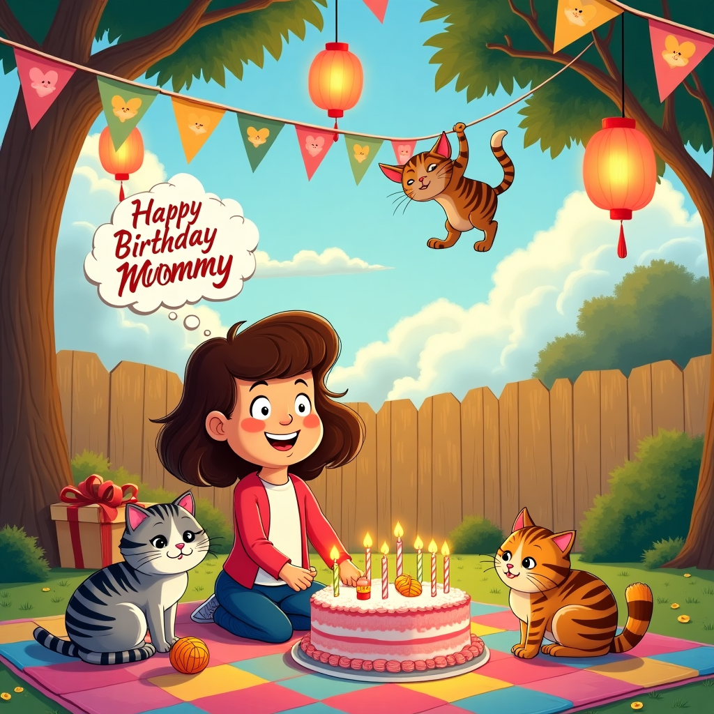 In a whimsical, cartoon-inspired backyard, the scene unfolds like a playful tapestry of imagination. Center stage, a 40-year-old mom with lively brown hair, styled in a bouncy bob reminiscent of the cheerful spirit of Charles Schulz’s characters, is seated on a vibrant patchwork picnic blanket. Her face beams with a smile as warm as the sun above. She’s surrounded by a delightful clowder of cats, each with its own quirky personality: a striped tabby batting at a ball of yarn, a fluffy Persian napping lazily with a soft purr, and a mischievous Siamese peeking out from a gift box.

The sky above is a soft watercolor of pinks and blues, dotted with cotton-candy clouds. One cloud, shaped like a thought bubble, creatively displays the words “Happy Birthday Mommy” in playful lettering that curls like a cat’s tail, taking inspiration from the lettering in Will Eisner’s graphic novels. This adds a layer of narrative depth, as if it’s a message from the universe itself.

In the background, a wooden fence, reminiscent of Calvin and Hobbes’ backyard adventures, is adorned with a colorful banner flapping gently in the breeze. It’s strung with bright paper lanterns, their soft glow casting an enchanting light. Each lantern features cartoon cat faces, a nod to the whimsy of R. Crumb’s comix style.

A large birthday cake sits prominently on the blanket, its tiers whimsically tilting as if they are defying gravity, echoing the surrealism of Winsor McCay’s dreamscapes. The cake is topped with forty tiny candles, flickering like stars in the dusk. Each candle is uniquely shaped like a cat’s tail, spiraling whimsically into the air.

In a nod to the adventurous spirit of Hergé’s Tintin, a small, adventurous kitten is playfully dangling from a low-hanging tree branch, just above the cake. This tree is adorned with bunting made from colorful triangles, creating a frame around the scene and guiding the viewer’s eye back to the cheerful gathering below.

All these elements come together to create a scene bursting with lively details and playful touches, each telling its own part of a joyful story that celebrates “Mommy” on her special day.
Generated with these themes: Include a 40 year old mom with brown hair surrounded by lots of cats.
Made with ❤️ by AI.