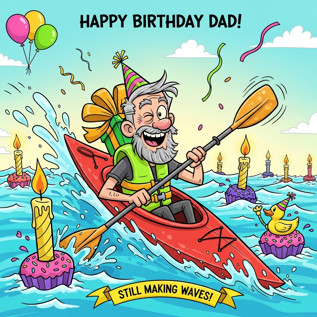 At the top of the Cartoon Style image, Happy Birthday Dad!

A bold, funny, high-energy cartoon scene: an older man with a grey beard and grey hair joyfully paddling a bright red kayak through a wavy “cake-lake” of frosting-blue water, slaloming between giant birthday candles used as buoys. He has a big, cheeky grin, twinkly eyes, and laugh lines; he wears a skewed party hat and a neon life vest tied with an oversized gift-bow. Exaggerated proportions, thick black outlines, and saturated colors (turquoise water with sprinkle-confetti splashes, sunshine yellow highlights, hot pink, coral, and lime accents). Dynamic motion lines around the paddle and splash arcs; soft glow around the tall candles. Silly details: a rubber duck in a tiny party hat cheering from a cupcake buoy, balloons bobbing in the sky, streamers fluttering. Clear vertical composition with the paddler as the star, playful vector-style cel shading, and a bright, upbeat mood.

At the bottom, a small playful caption on a curved ribbon: Still making waves!
Generated with these themes: Racing K1 kayak, Antiques, DIY, Shed, and .
Made with ❤️ by AI.