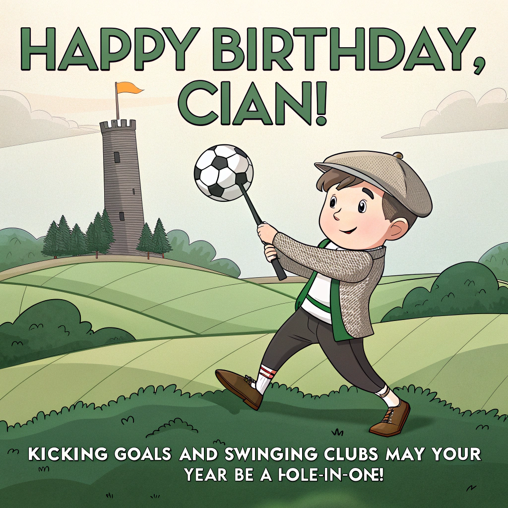 At the top of the image, "Happy Birthday, Cian!":

At the bottom of the image, "Kicking Goals and Swinging Clubs – May Your Year Be a Hole-in-One!"

- Illustrate a whimsical scene where Cian is humorously juggling a football and a golf club while wearing a classic Irish flat cap. He's standing on a patchwork of lush green fields, symbolizing the scenic landscapes of Limerick. In the background, an iconic Irish landmark, like a round tower, adds a touch of authenticity.
Generated with these themes: Football, Golf, Hi is Irish, He lives in Limerick, He works in Ireland, Travelling, and .
Made with ❤️ by AI.