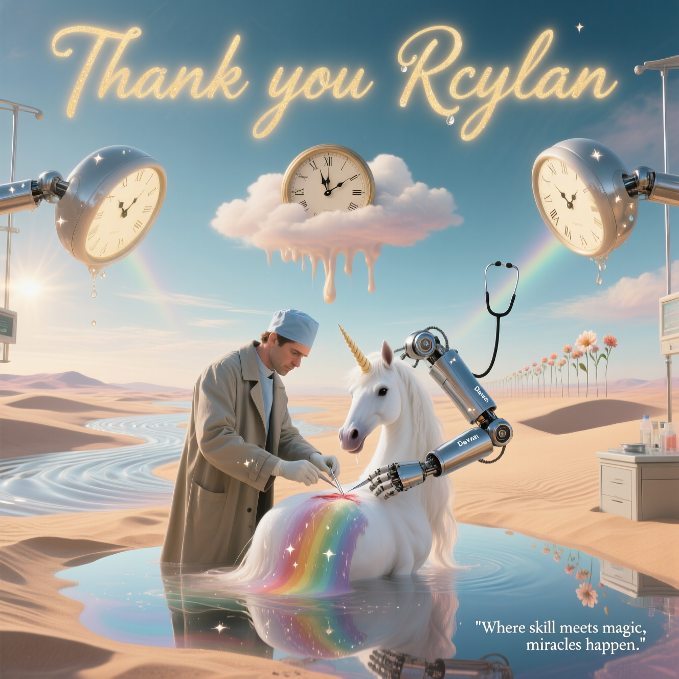 At the top of the Surreal Style image, display the words **"Thank you Ryclan"** in elegant, soft golden script that glows faintly like morning sunlight on dew.  

A dreamlike, Dali-inspired operating theatre stretches across a rippling desert of glassy sand, where time feels fluid and shadows bend in impossible curves. In the centre, a gentle-eyed male surgeon—dressed in a coat that drapes into flowing rivers—works alongside a pair of sleek, chrome mechanical arms named *Da Vinci*, each joint adorned with tiny constellations that sparkle softly. They are tenderly performing surgery on a snow-white unicorn whose mane cascades like liquid rainbows, pooling at their hooves into surreal puddles reflecting impossible skies. Floating above are giant clock faces melting into clouds, and in the distance, a line of stethoscopes sway like flowers in a warm, shimmering breeze. Ethereal light streams in from nowhere, bathing the scene in soft pastels and luminous halos, imbuing it with a deep, sincere gratitude and wonder.  

Small caption in the corner: *"Where skill meets magic, miracles happen."*
Generated with these themes: Robot arms named Da Vinci  and a male surgeon, Operating on a unicorn, , and .
Made with ❤️ by AI.