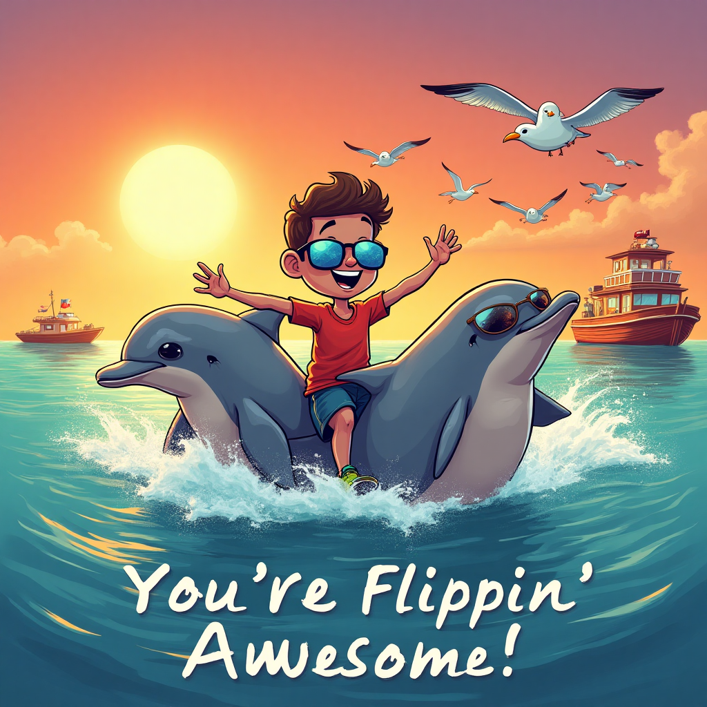 Man skiing on the back of two dolphins , Boats, sunset, and Thank-you Card