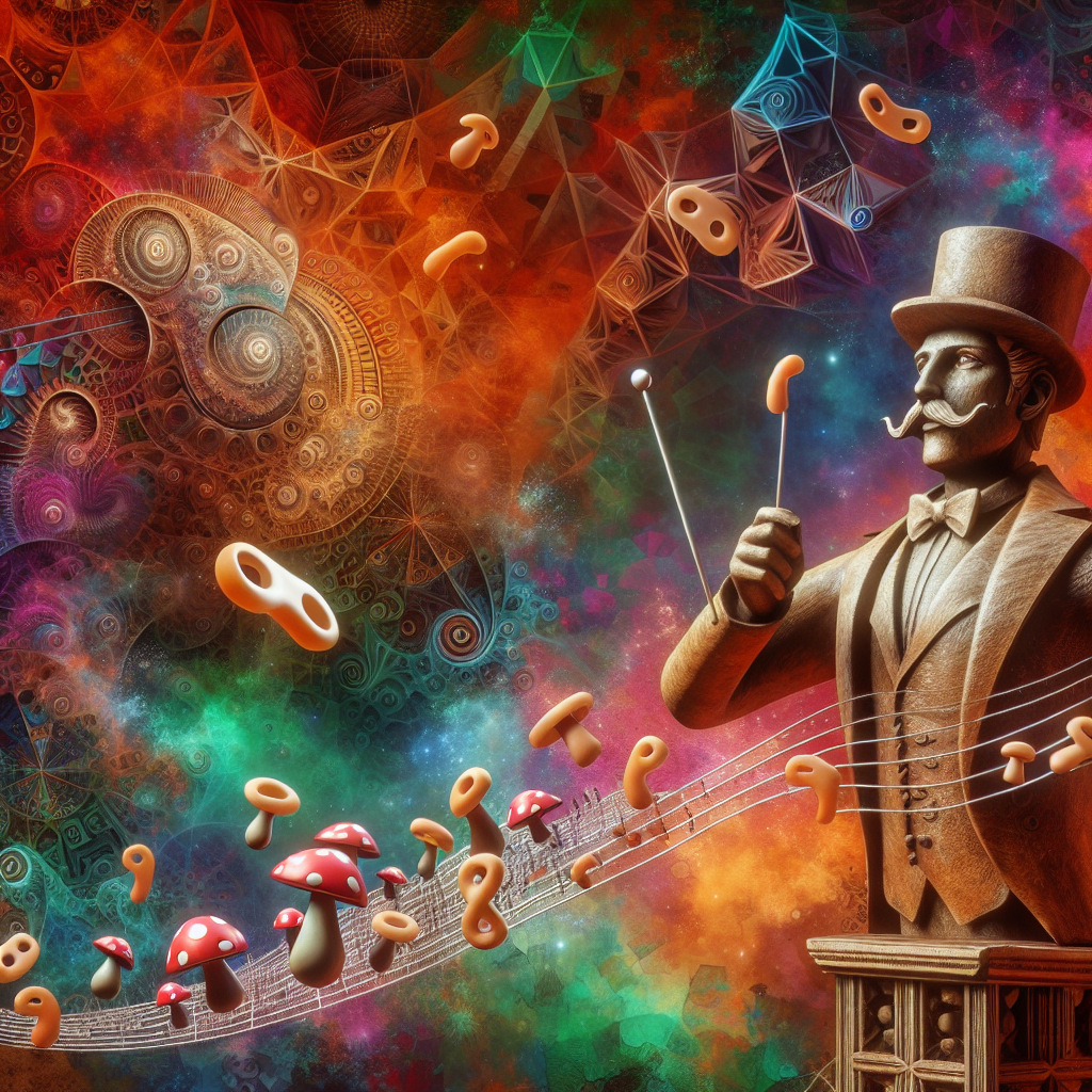 With a background comprising intricate, impossible geometry and vivid color splashes, a statue of a mustached gentleman with a whimsical twist stands out. He has a conductor's baton in his hand, seemingly orchestrating a symphony of magic mushrooms, which rise and fall like musical notes on a mottled sheet of staff paper strewn with macaroni forms. The air carries the fragrance of an impending adventure, setting up the scene for a festive celebration in a realm dominated by fantastical elements.
Generated with these themes: Frank Zappa magic mushrooms macaroni .
Made with ❤️ by AI.