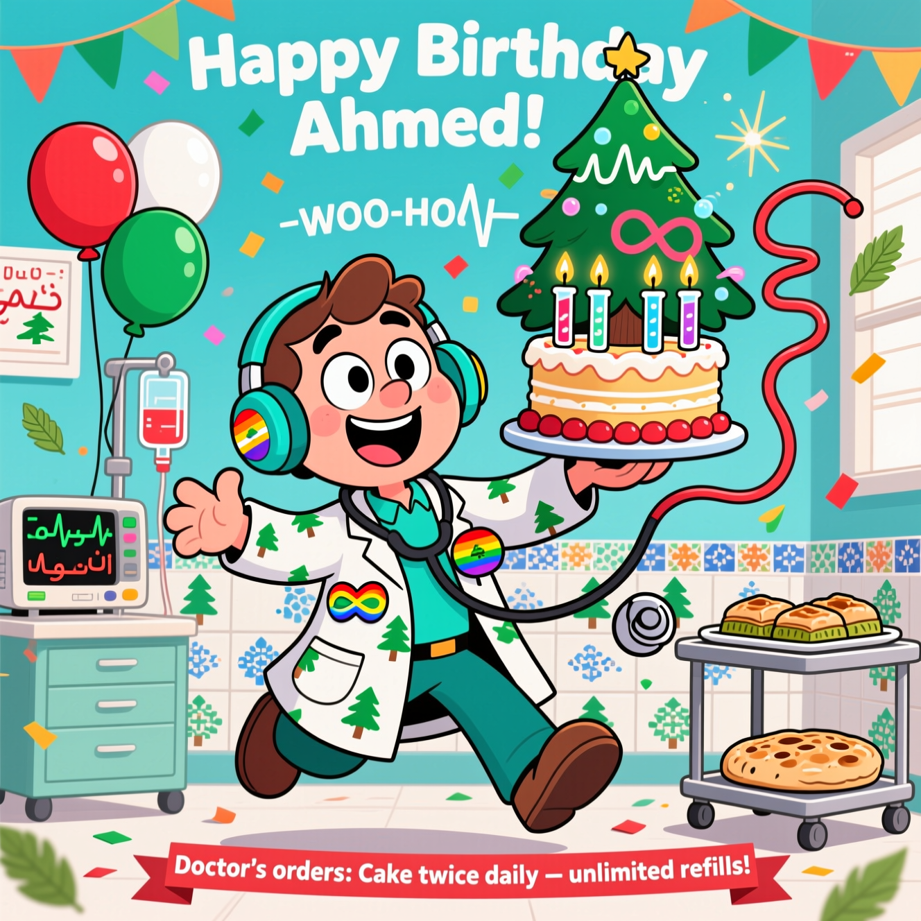 At the top of the Cartoon Style image, Happy Birthday Ahmed!

Playful, funny cartoon scene with thick outlines and bright, saturated colors: an autistic Lebanese doctor in a bouncy, energetic pose, beaming. Exaggerated proportions: big expressive eyes, oversized lab coat with tiny green cedar tree pattern, a rainbow-infinity neurodiversity pin on the lapel, comfy teal noise-canceling headphones resting around the neck, and a soft fidget clipped to the pocket. The doctor proudly balances a towering birthday cake shaped like a cedar tree, candles styled as bubbling test tubes, while a giant stethoscope curls like a party streamer. The clinic is transformed into a celebration: ECG monitor line spells “WOO-HOO!”, an IV stand holds red–white–red balloons with a green cedar, Arabic mosaic tile accents, and a rolling tray with baklava and manoushe. Cedar-leaf confetti and sparkles swirl through the air. Bold, glossy highlights, clean background shapes to keep focus on the character.

Add one small, cheeky line of text on a festive banner near the bottom: Doctor’s orders: Cake twice daily — unlimited refills!
Generated with these themes: Doctor, autistic, lebanese, and .
Made with ❤️ by AI.