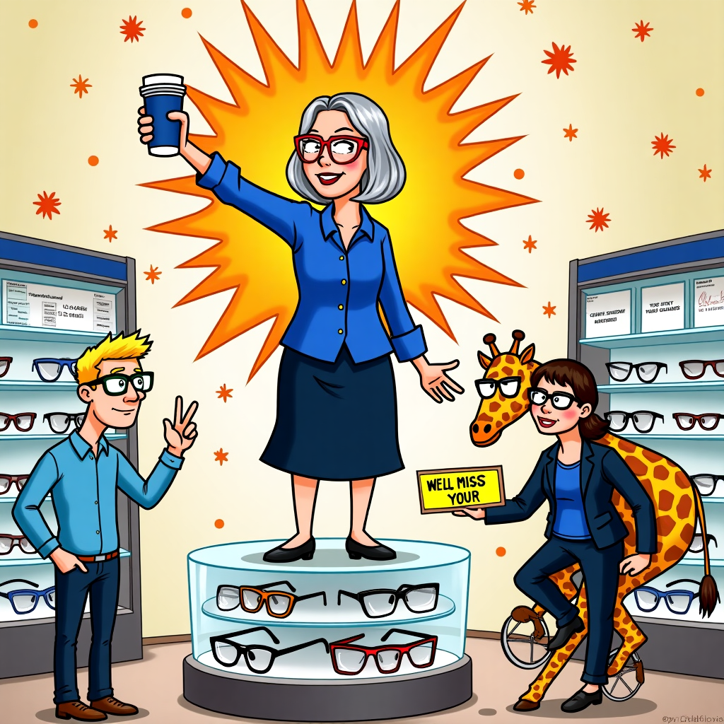 Works in Boots Opticians, Giraffe , Optician Assistant retiring, Favourite colour orange , Wears royal blue blouse, dark navy skirt, red glasses, grey short bob haircut, Holding a coffee travel cup that has giraffes on,  Male manger blonde, green glasses, blue shirt, and Chinese female manager  in black suit, navy shirt, black trousers Farewell Card