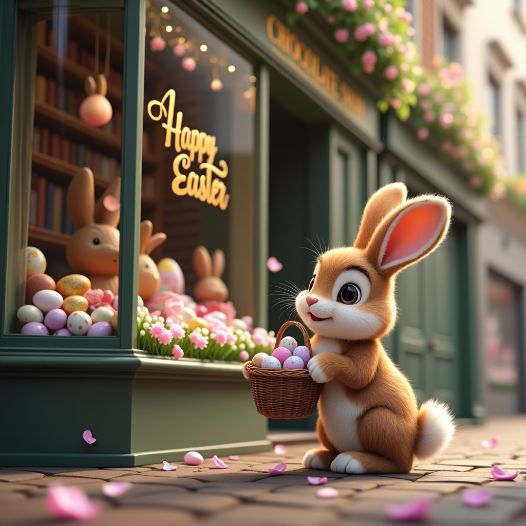 **Image Prompt:**  

A realistic, high-resolution photograph of a charming, old-fashioned chocolate shop with a vintage bay window display overflowing with colorful, foil-wrapped Easter eggs, chocolate bunnies, and spring flowers. The shop has an ornate sign above the window that reads “Happy Easter” in curly, golden lettering. In the foreground, a brown and white fluffy Easter bunny with oversized ears and sparkling big eyes stands on its hind legs, holding a small woven basket filled with painted eggs. The bunny is gazing sweetly into the window with wonder and excitement. The street is cobbled, the scene is bathed in soft, warm morning light, and a few delicate pastel petals are scattered in the breeze, adding to the enchanting Easter mood.
Generated with these themes: Brown and white cute Easter bunny with big eyes and big ears, Old fashioned chocolate shop with bay window full of Easter eggs, Happy Easter written on shop, Easter bunny holding a basket looking in the window of the chocolate shop, and .
Made with ❤️ by AI.