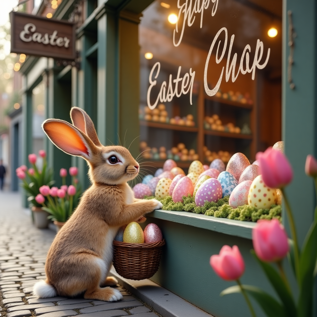 **Prompt:**  
A realistic photograph of an old-fashioned chocolate shop with a charming vintage bay window, filled with colorful and beautifully wrapped Easter eggs in pastel tones. The shop has a wooden sign that reads “Happy Easter” in elegant hand-painted lettering. In front of the shop, a brown and white Easter bunny with adorably large eyes and oversized floppy ears stands on its hind legs, clutching a wicker basket brimming with foil-wrapped eggs. The bunny gazes curiously and sweetly through the glass window, mesmerized by the chocolate treats inside. Soft spring light bathes the cobblestone street, and blooming tulips frame the shopfront, adding a warm and whimsical touch. The entire scene evokes nostalgia, joy, and the cozy charm of Eastertime.
Generated with these themes: Brown and white cute Easter bunny with big eyes and big ears, Old fashioned chocolate shop with bay window full of Easter eggs, Happy Easter written on shop, Easter bunny holding a basket looking in the window of the chocolate shop, and .
Made with ❤️ by AI.