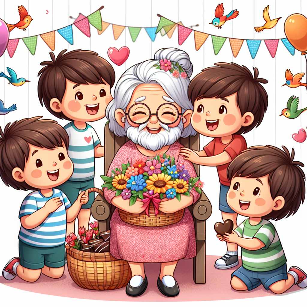 The image depicts a joyous cartoon birthday scene. A senior woman, who we'll call 'Granny', is seated comfortably, surrounded by her four grandsons. Three of the boys, all having dark brown hair, share a light-hearted moment amongst themselves, and present to 'Granny' a basket full of colourful birds and beautifully blooming flowers. The fourth grandson has hair as dark as the night and stands proudly as he offers a heart-shaped chocolate sweet to 'Granny'. The atmosphere is joyous and festive, with the playful representation of streamers and balloons adding a whimsical touch to the special celebration.
Generated with these themes: 3 white grandsons with dark brown hair, 1 white grandsons with black hair, birds, flowers, chocolate, liquorice 'Granny'.
Made with ❤️ by AI.