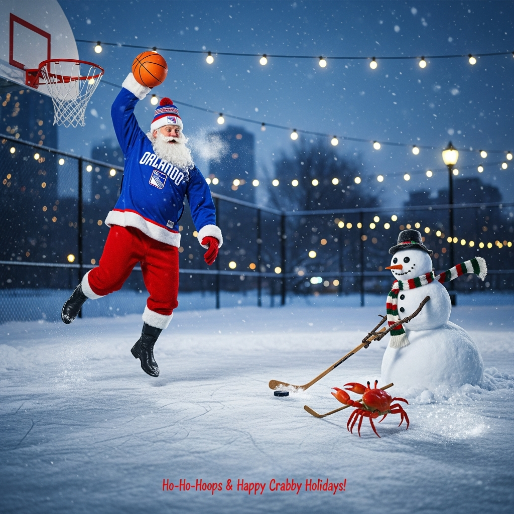 Ultra‑high‑definition 4K UHD photorealistic RAW photo. Snowy urban park at dusk with twinkling string lights and gentle falling snow, wide composition capturing an outdoor basketball half‑court on the left and a small frozen pond hockey rink on the right. On the left: Santa Claus mid‑air for a powerful dunk, joyful grin, breath visible, realistic white beard and rosy cheeks; wearing a royal‑blue NY Rangers knit hat (logo visible), an Orlando Magic blue shirt/jersey over a red thermal, classic red Santa pants with white fur cuffs, and black leather boots; orange basketball in hand; snow‑dusted hoop and court with a chain‑link fence and faint city skyline beyond. On the right: a plump snowman with coal eyes, carrot nose, striped scarf fluttering, twig arms gripping a tiny wooden hockey stick, leaning into a shot; facing a bright red crab skittering across the ice, using a miniature stick clutched in its claw to nudge a puck, kicking up fine ice shavings; realistic ice reflections and scuffs. Lighting: cool blue ambient winter light with warm amber streetlamps and string lights adding soft rim glow; high shutter speed freezing action; rich depth of field so both main subjects are tack‑sharp with soft bokeh in the background. Lifelike textures: knit hat fibers, jersey fabric weave, beard strands, snow granules, ice sheen, leather boots. Color grading: clean, vivid, true‑to‑life, festive. Shot on a full‑frame camera, 35mm lens, f/2.8, ISO 200, 1/1000s. Include a single small caption near the bottom center in playful red hand‑lettered script with a subtle drop shadow: “Ho‑Ho‑Hoops & Happy Crabby Holidays!”

Negative prompts: no cartoon, no illustration, no CGI, no extra text, no watermark, no heavy motion blur, no over‑saturation.
Generated with these themes: Santa playing basketball with a NY Rangers Hat and Orlando Magic Shirt and a snowman playing hockey with a crab, and .
Made with ❤️ by AI.