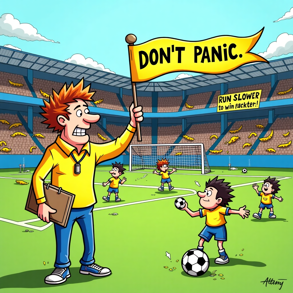 **Prompt for AI image generation:**

At the top of the cartoon image, **"Thank You, Coach Jonathan — For Never Substituting Us For Sanity!"**

A funny cartoon-style scene on a football pitch, filled with bright yellow and blue colors. A wildly enthusiastic football coach (Jonathan) stands on the sidelines, waving a massive “DON’T PANIC” banner like a football flag. His hair is frazzled, clipboard in hand, and a whistle hanging from his neck. The players on the field are comically confused: one’s trying to kick the ball with their hands, another is tangled in the goal net, while a third is wearing their kit backwards. In the background, the team bench is a chaos of banana peels, spilled sports drinks, and motivational posters with confusing messages like "Run slower to win faster!" 

The whole scene is a humorous nod to a football coach's patience, colored vibrantly in yellow and blue.
Generated with these themes: Football coach, Yellow and blue, Don't panic banner, and .
Made with ❤️ by AI.