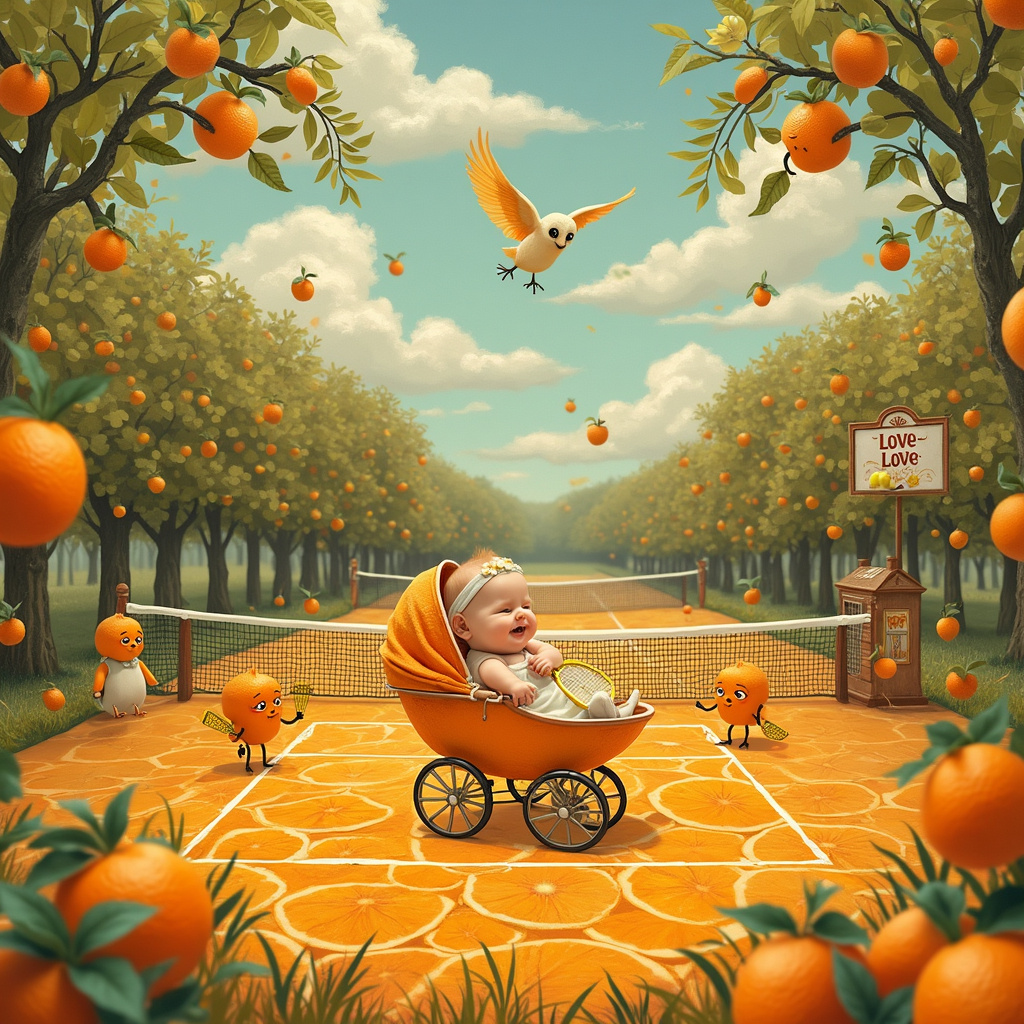 In the foreground of the scene, imagine a whimsical, surreal tennis court made entirely of orange slices, their vibrant hues creating a zesty mosaic underfoot. The net is woven from delicate, shimmering threads of orange peel, its texture intricately detailed. Center court, a cherubic baby floats gently in a vintage pram, its wheels replaced with tiny tennis balls, bouncing lightly as it moves. The baby wears a mini tennis outfit, complete with a headband made of tiny orange blossoms, and clutches a plush tennis racquet with a smile.

On one side of the court, a group of anthropomorphic oranges, each wearing little tennis whites and sporting expressive faces, are enthusiastically cheering. They hold tiny pennants and wear headbands, their zest for the game clear in their wide eyes and broad grins. On the other side, a pair of mischievous tennis racquets with googly eyes and stick-figure limbs are engaged in a lively dance, as if choreographed to celebrate the new arrival.

In the background, beyond the orange slice court, a lush orchard of orange trees stretches out, each tree with branches that twist and curl in fantastical, Beardsley-esque patterns. Nestled among the branches are birds and woodland creatures, all clad in miniature tennis outfits, adding an element of Sendak’s playful detail. Above, a dreamy sky painted in Parrish’s rich colors is dotted with fluffy, cartoonish clouds that resemble tennis balls, drifting lazily.

In one corner of the scene, there’s an old-fashioned scorekeeper’s stand, its scoreboard whimsically indicating "Love-Love," symbolizing the start of a beautiful journey. Perched atop the scoreboard, a wise old owl, reminiscent of Rackham’s delicate line work, watches over the scene with a knowing look, its feathered form blending seamlessly with the orange tree leaves.

Every element of this scene is imbued with a playful surrealism, combining the themes of tennis and orange in a celebration of new life, ready to be translated into a uniquely charming new-baby greetings card.
Generated with these themes: Tennis, and Orange.
Made with ❤️ by AI.