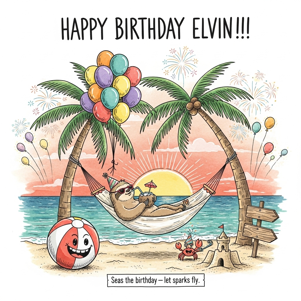 Beach hammock ballons fireworks, and Birthday Card