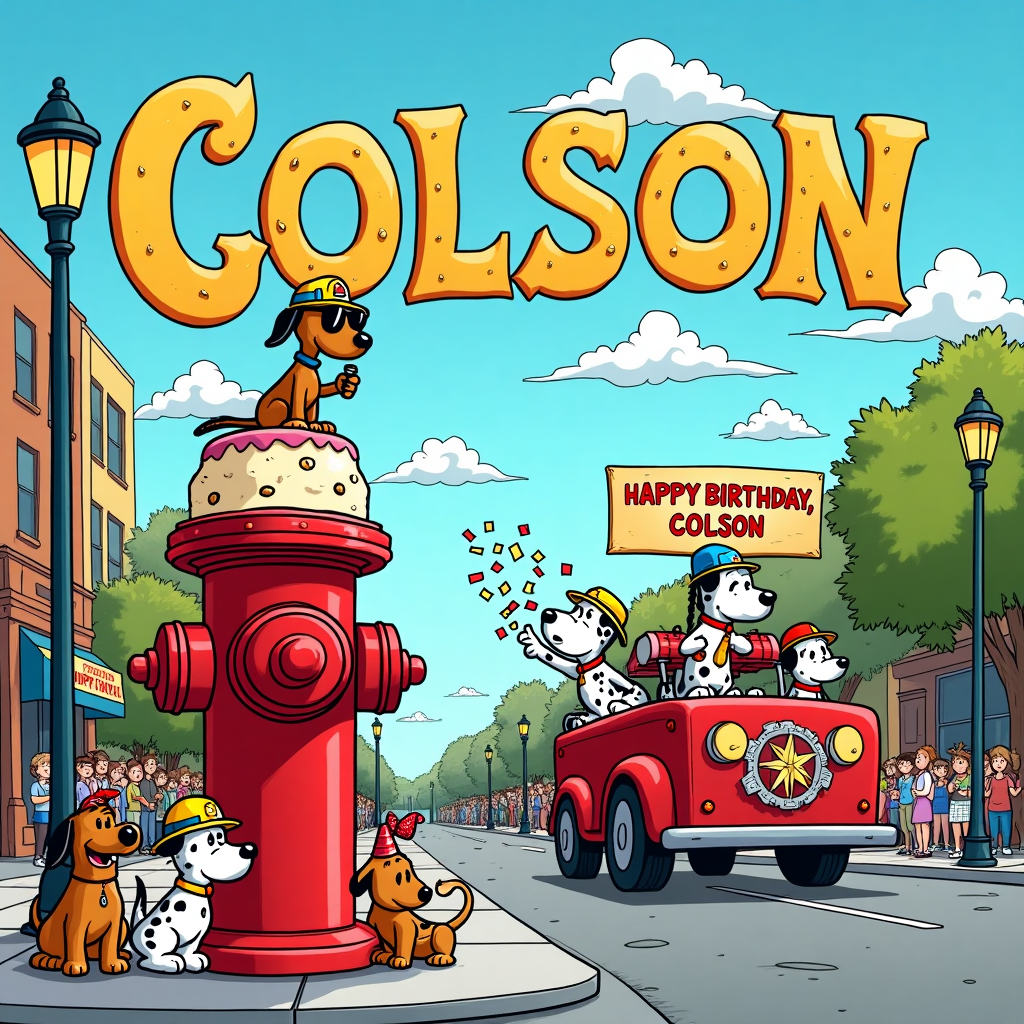In this whimsical cartoon birthday card scene, imagine a vibrant and bustling Doggyland, where every canine resident is preparing for a grand celebration. The sky is a lively tapestry of bright colors, with Colson's name playfully spelled out in fluffy, cartoonish clouds drifting overhead. At the center of the scene is a lively street party. On one side, a towering birthday cake shaped like a fire hydrant stands, adorned with playful frosting swirls and topped with a miniature figure of Snoop Dogg, who holds a microphone and sports his iconic shades and braids. Next to the cake, Fireman Sam is helping a group of cartoonish Dalmatian puppies in little fireman helmets as they string "Happy Birthday, Colson!" banners across lamp posts.

In the background, a musical float features a lively band of animated dogs, with one of them dressed in a sparkling outfit reminiscent of Ricky Martin, belting out a playful, canine rendition of "Livin' la Vida Loca." The dogs around the float are joyfully dancing, paws in the air, in a rhythm that echoes the infectious beat. On the sidewalks, various breeds of dogs are engaged in party games, like a piñata shaped like a giant bone, while others eagerly await the popping of a confetti-filled fire hydrant.

The whole scene is bursting with vibrant, cartoonish details that draw from the stylings of Schulz's lovable characters, Disney's enchanting settings, and Tezuka's dynamic compositions, with a sprinkle of the imaginative absurdity found in Larson's and Watterson's work. The recipient's name, "Colson," joyfully ties the scene together as both a centerpiece and a celebratory nod to the birthday honoree.
Generated with these themes: Doggyland , Snoop dogg, Fireman sam , and Livin la vida loca.
Made with ❤️ by AI.