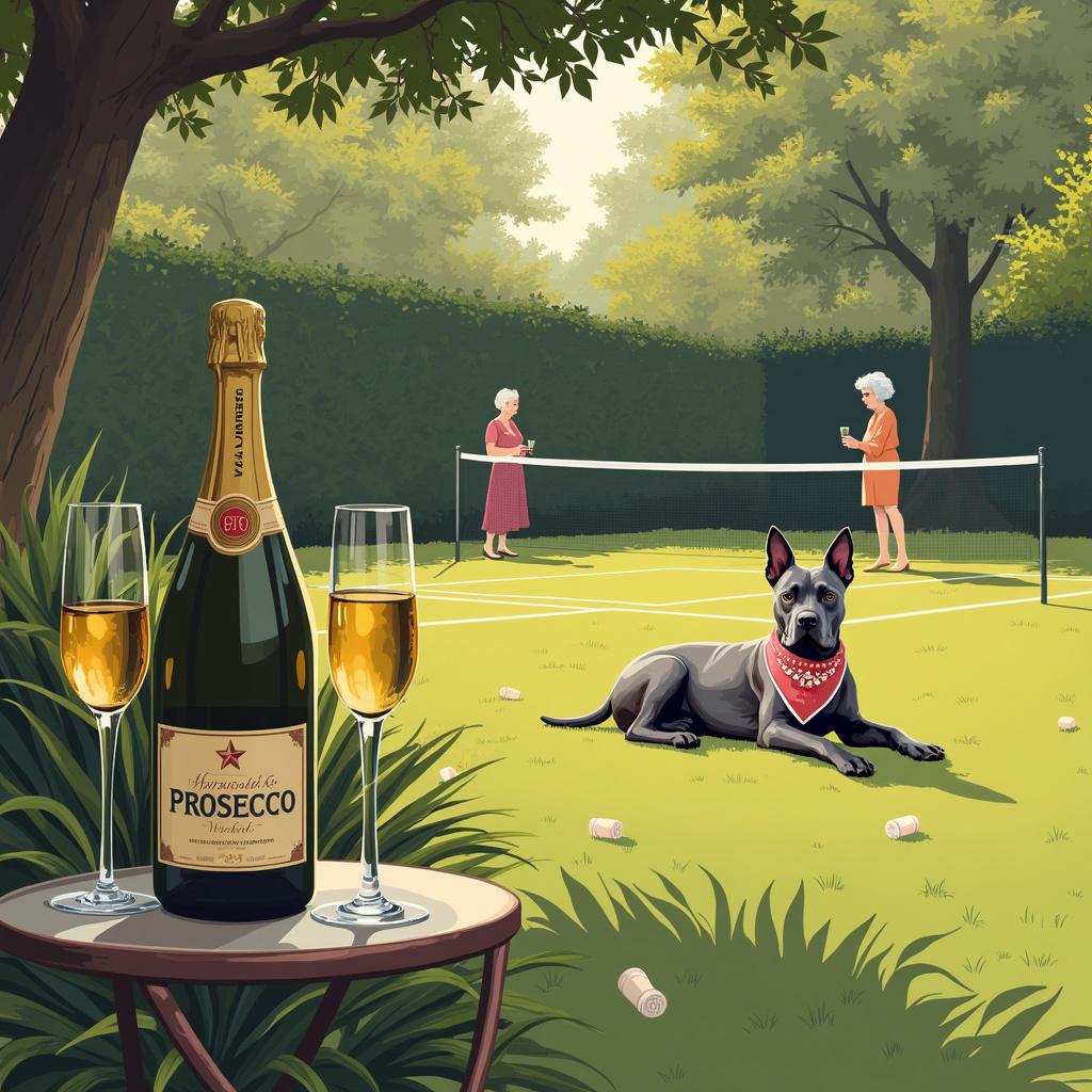 In this illustration, one would find a neatly kept backyard bathed in the soft glow of late afternoon light, where a birthday party seems to take place. The celebration’s elegant undertone is marked by a fine bottle of Prosecco resting on a vintage iron side table. The bottle’s label is sophisticated, hinting at its high quality. Near the bottle, several stemmed glasses filled with the golden liquid suggest a toast is imminent. Over by the hedgerow, an orderly badminton setup can be seen: an official net stands firmly on slender poles, white boundary lines mark the extent of the court on the lawn, and a fine quality racket rests nearby. Among the guests, two elderly ladies with silver hair and pearl necklaces chat amiably, each holding a glass of Prosecco while watching the festivities. In the backdrop, a Grey Staffordshire Bull Terrier lounges on a patch of shaded grass, its muscular frame and stoic expression captured in sharp detail. The dog’s coat is a tapestry of grey hues, and it sports a tasteful birthday-themed bandana around its neck.
Generated with these themes: Prosecco , Badminton , Old ladies , and Grey Staffordshire Bull terrier .
Made with ❤️ by AI.