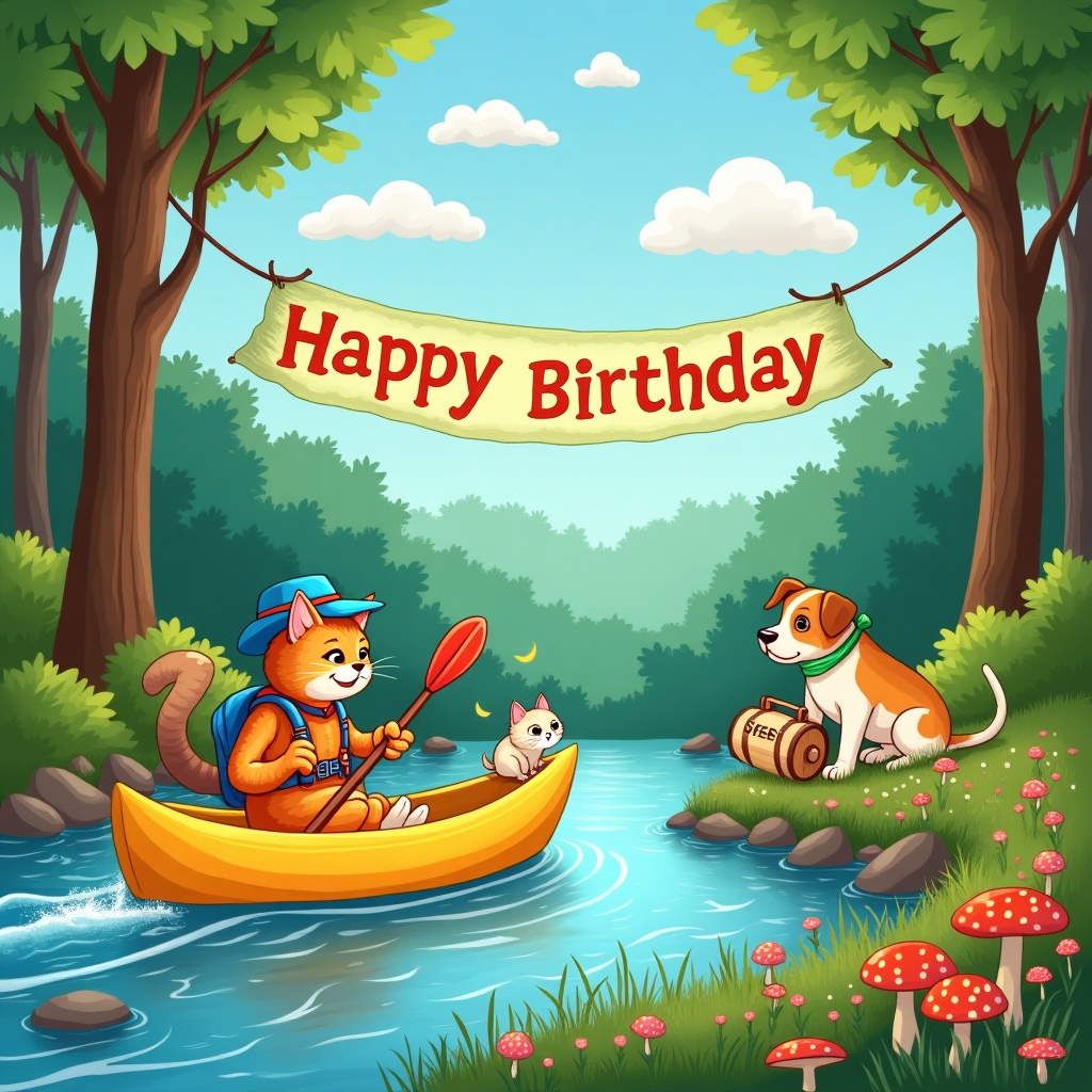 In the center of this whimsical birthday greeting card illustration, a vivid scene unfolds featuring a bustling cast of characters. A bright yellow kayak glides smoothly down a gently winding stream that meanders through a lush forest, with towering trees on either side. The stream's surface sparkles under dappled sunlight that filters through the thick canopy above. In the kayak, a mischievous orange tabby cat wearing a tiny blue captain's hat holds a small paddle with determination, navigating the gentle currents. Riding alongside, perched on the kayak’s edge, a plucky Jack Russell Terrier, wearing a green bandana, barks enthusiastically at the passing scenery. 

Meanwhile, on the riverbank, two more characters engage in a lively exchange. A fluffy Persian cat, sporting a pair of red hiking boots and a backpack far too large for its furry frame, points a paw down the river, clearly giving directions to a burly Saint Bernard. The dog, wearing a comically tiny sunhat and carrying a miniature barrel marked 'Birthday Cheer' around its neck, nods in agreement as if understanding every word. 

Above this animated tableau, a banner made of vibrant, fluttering leaves spells out "Happy Birthday" in playful, curling letters. The sky above is a serene expanse of blue, dotted with fluffy clouds shaped like various animal silhouettes, adding a layer of fantastical whimsy to the scene. In the foreground, an intricately detailed patch of wildflowers and mushrooms provides a delicate frame to the whole composition, inviting viewers to step into this enchanting world where kayaks, cats, dogs, and the spirit of adventure all converge to celebrate a special day.
Generated with these themes: Kayak  cats  dogs hiking, and .
Made with ❤️ by AI.