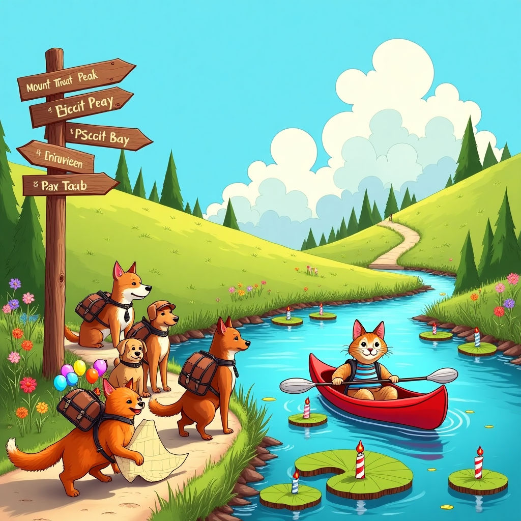 In this whimsical birthday card illustration, imagine a vibrant and fantastical landscape combining elements of Norman Rockwell's storytelling with Quentin Blake's playful lines. In the foreground, a mischievous orange tabby cat, wearing a tiny explorer's hat, leads a group of excited dogs of all shapes and sizes on a hiking expedition. The cat clutches a tattered treasure map with its paw, while the dogs, each wearing miniature backpacks adorned with colorful birthday balloons, follow with tails wagging. Behind them, a serene river snakes through the scene. On the river, an oversized kayak floats, piloted by an elegant Siamese cat wearing a monocle and a striped sailor's shirt. The cat gracefully paddles with a small silver spoon, its whiskers twitching with concentration as it navigates around whimsically oversized lily pads that bloom with bright, oversized birthday candles instead of flowers. In the background, a trail winds up a gentle hill dotted with vibrant wildflowers. Atop the hill, a rustic wooden signpost with cartoonish arrows points in various directions, with humorous labels like “Mount Treat Peak,” “Biscuit Bay,” and “Fishy Falls.” The sky is a brilliant blue, filled with fluffy clouds shaped like party hats and bones, completing this delightful birthday-themed adventure that cleverly intertwines kayaking, cats, dogs, and hiking into a single, joyous celebration.
Generated with these themes: Kayak  cats  dogs hiking, and .
Made with ❤️ by AI.
