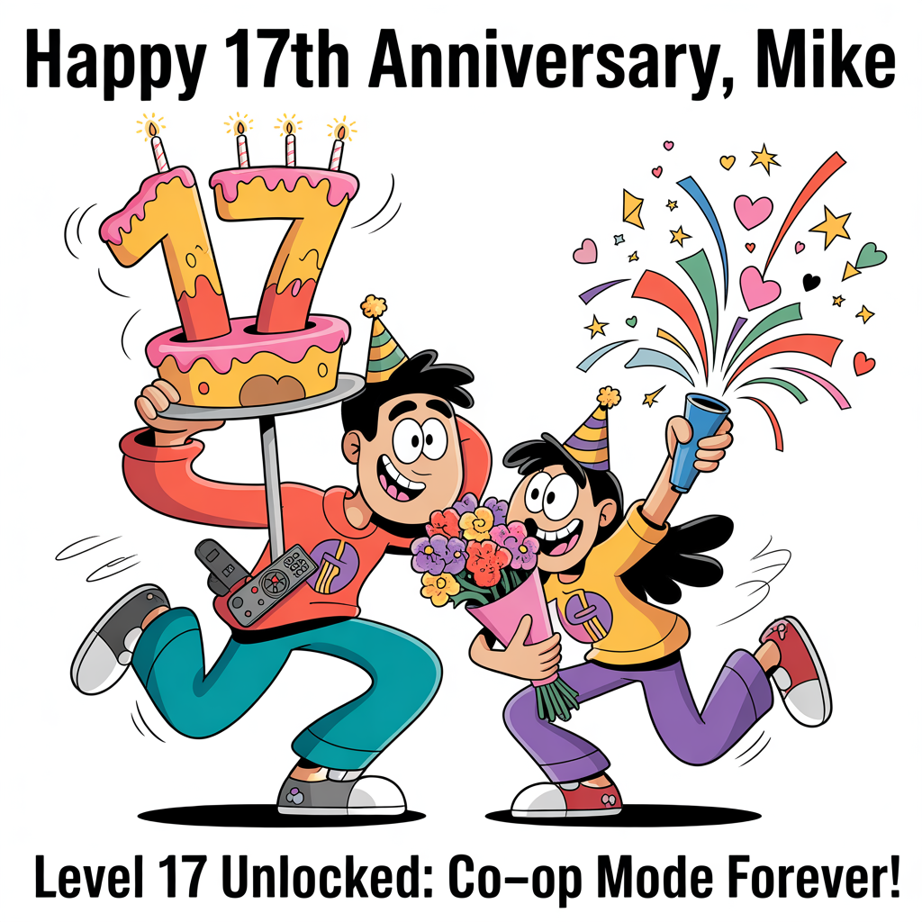 At the top of the Cartoon Style image, "Happy 17th Anniversary, Mike"

At the bottom of the Cartoon Style image, "Level 17 unlocked: Co‑op Mode Forever!"

- Center scene: a playful cartoon husband and wife in energetic, whimsical poses with oversized heads, expressive eyes, and noodle-like limbs. Both wear colorful party hats; they’re mid-celebration with big grins.
- The husband balances a towering, slightly wonky cake shaped like a giant “1” and “7,” dripping frosting and topped with sparkling candles; a TV remote cheekily peeks from his back pocket.
- The wife pops a confetti cannon that bursts into bright hearts, stars, and streamers; she clutches an oversized bouquet and leans into him with a loving nudge.
- Style: thick bold outlines, bright saturated colors (teal, sunshine yellow, candy red, electric purple), playful shadowing, and motion swooshes for extra energy.
- Background: a bold, celebratory color burst with swirling confetti and balloons, keeping clear space around the top and bottom text so it pops.
- No additional text inside the scene beyond the headline and punchline.
Generated with these themes: Golf, sports, and .
Made with ❤️ by AI.