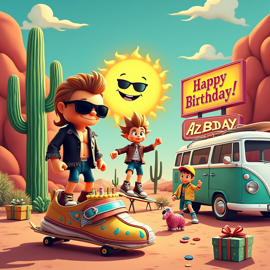In the middle of a vibrant, cartoonish desert landscape that screams Arizona, with towering saguaro cacti and red rocky outcrops in the background, stands a quirky birthday scene. The sun is a bright, smiling face with sunglasses, casting a warm glow over the entire setting. 

Front and center, a group of animated action figures are having a birthday party. Each action figure has its own unique style and flair, but the star of the group is an action figure with a mullet and cowboy boots, who clearly embodies the retro spirit. This action figure is dressed in a fringed leather jacket and denim shorts, striking a heroic pose with a birthday cake in one hand. The cake is comically oversized, with frosting that matches the hues of the desert – rich ochres and sunset oranges.

To the right, there's another action figure, resembling a cross between Calvin from "Calvin and Hobbes" and Astro Boy, with spiky hair and a mischievous grin. He is riding a giant sneaker like a skateboard, which has wheels attached to its sole. The sneaker is a bright, neon color, adorned with zigzag patterns and stars, adding a playful touch.

On the left side of the scene, an old-school desert motel sign stands tall, reading "Happy Birthday!" in bright, retro lettering. Below the sign, a few more action figures are gathered around a shoe-shaped piñata, eagerly anticipating the moment it bursts open with candies.

Behind the action figures, the desert landscape stretches into the horizon, with a classic VW van parked near a prickly pear cactus, its surfboard strapped on top. The van's license plate reads "AZ-BDAY" for an extra touch of humor. 

Scattered across the ground are mini action figure-sized gifts, each wrapped in colorful paper with whimsical designs like comic book panels and tiny cacti.

This scene is brimming with lively details, combining the unexpected themes of mullets, shoes, and Arizona into an entertaining and visually engaging birthday celebration.
Generated with these themes: Mullet, Shoes, Arizona, and Action figures.
Made with ❤️ by AI.