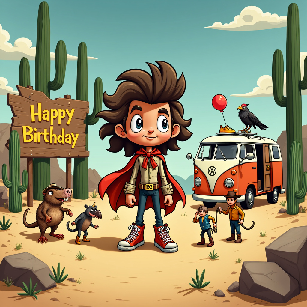 In the heart of the vibrant Arizona desert, against a backdrop of towering saguaro cacti and an expansive, cloudless sky, a whimsical birthday scene unfolds. Center stage is a sandy clearing dotted with tufts of desert grass. On this makeshift stage, a comical showdown is taking place.

A cartoonish man with a magnificent mullet, reminiscent of a superhero cape, stands proudly. His mullet flows dramatically in an imaginary breeze, with individual strands meticulously detailed. He wears a retro, rock-star-style outfit with high-top sneakers that have cacti patterns and tiny rattlesnakes wrapped around the shoelaces. Beside him, a collection of vintage action figures, including a mix of recognizable and quirky custom characters, are lined up like loyal sidekicks. 

Opposite the mulleted hero, a mischievous armadillo, anthropomorphized with a cowboy hat and tiny boots, holds a toy lasso, ready for a playful duel. Surrounding them are scattered action figures in dynamic poses, each one interacting with the desert environment—one riding a miniature tumbleweed, another scaling a small rock as if it were a mountain.

In the background, a painted wooden sign reads "Happy Birthday" in bold, cartoonish letters, adorned with tiny cacti and desert flowers. A classic Volkswagen van, converted into a mobile shoe store, is parked nearby, with its doors open to reveal an array of colorful, whimsical shoes on display, including roller skates and cowboy boots.

A cartoon vulture perches atop the van, holding a birthday balloon in its beak, and a few playful roadrunners dart around the scene, one wearing a party hat.

The details are rich and playful: the texture of the sand, the spiky yet soft appearance of the cacti, the gleam on the action figures' plastic surfaces, and the quirky designs of the shoes all contribute to a dynamic, humorous, and celebratory birthday card scene.
Generated with these themes: Mullet, Shoes, Arizona, and Action figures.
Made with ❤️ by AI.