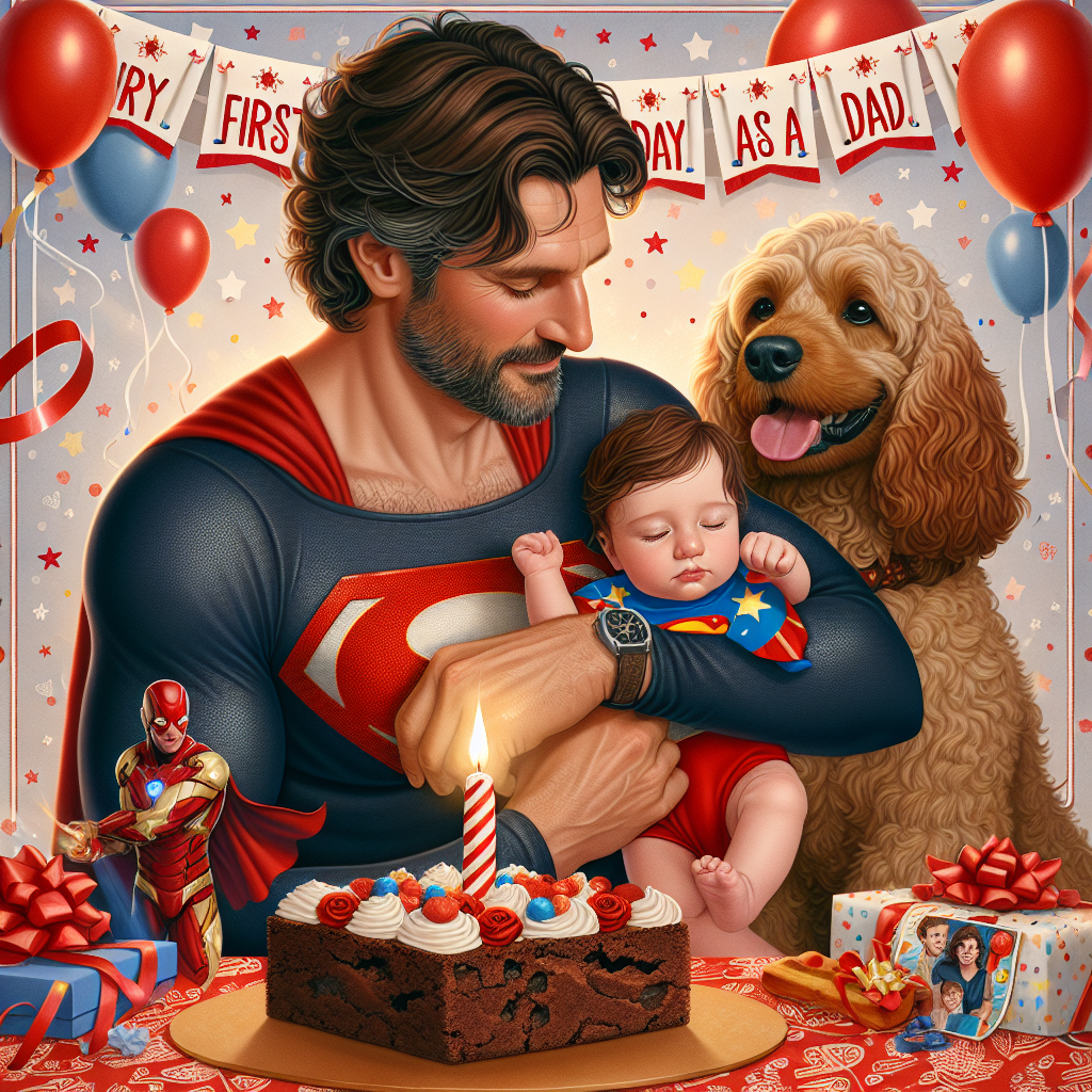 First birthday as a dad, Baby boy and cockerpoo, Brownie, Arsenal, and Marvel Birthday Card
