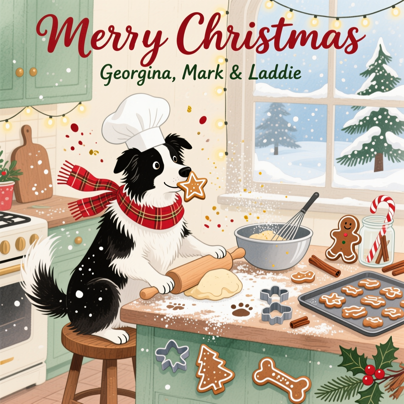 At the top of the Watercolor Style image, Merry Christmas Georgina, Mark & Laddie

Soft, airy watercolor illustration with delicate gradients, gentle pigment blooms, and visible cold-press paper texture. Funny, cozy holiday baking scene in a rustic kitchen: a bright-eyed black-and-white border collie in an oversized white chef hat and red tartan scarf sits on a wooden stool at a flour-dusted counter. One paw clumsily rolls dough with a wooden rolling pin while the other steadies a mixing bowl; a star-shaped cookie is stuck comically to the dog’s nose, and a dusting of flour leaves pawprints across the counter. A wagging tail flicks powdered sugar into the air like snowfall, with playful paint splatters to suggest flying flour. Cookie cutters (stars, trees, and dog bones) scatter around, a baking tray of wobbly-iced gingerbread sits askew, and a candy-cane jar, cinnamon sticks, and sprigs of holly add festive touches. Warm fairy lights glow softly in the background, a frosty window reveals gentle snow and hints of pine outside. Palette: pine green, cranberry red, gingerbread brown, vanilla cream, and frosty blue, with a touch of gold speckle for sparkle. Crisp dry-brush details on fur and whiskers; soft wet-on-wet washes for the background; keep generous negative space around the top text.

Header text styling: hand-lettered brush script in deep holly red with a subtle gold shimmer, elegant and airy.

Add a small, cheeky caption near the bottom in playful pine-green watercolor script: Whisking you a collie-day of cheer!
Generated with these themes: Baking, collie dog, and .
Made with ❤️ by AI.