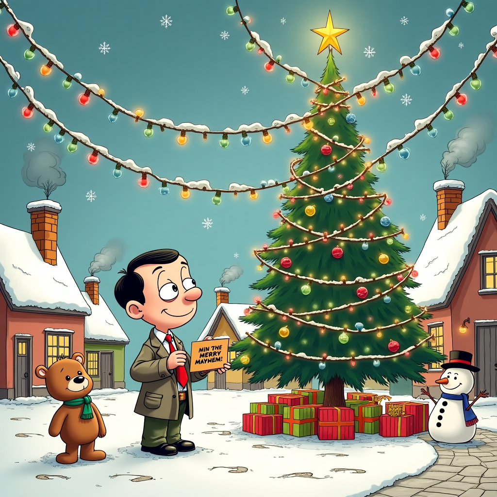 The front cover of the Christmas greeting card is a whimsical cartoon scene set in a cozy, snow-draped village that nods affectionately to Mr. Bean's quirky charm. The village square is bustling with festive activities. Mr. Bean, wearing his trademark tweed jacket and skinny red tie, is tangled up in an extravagant string of Christmas lights. These lights stretch whimsically across the card, looping over rooftops and wrapping around a towering, cartoonishly oversized Christmas tree in the center. The tree, reminiscent of Charles Schulz’s beloved Charlie Brown Christmas tree, is adorned with a mix of comically large and small ornaments, and a shiny star that precariously tips to one side.

Adjacent to Mr. Bean, Teddy, his beloved stuffed bear, is humorously trying to balance a stack of brightly wrapped gifts, each gift’s tag cheekily addressed to "Rose and Roy". Snowflakes, drawn with intricate detail akin to Winsor McCay's "Little Nemo", dance across the sky. A string of fluffy clouds overhead subtly form the words "Merry Christmas, Rose and Roy", giving the impression of a holiday message written in the sky.

To the side, a quaint little snowman, with a distinctly Mr. Bean-like grin, holds a sign saying, "Mind the Merry Mayhem!" referencing Mr. Bean’s typical chaotic antics. The cobblestone path beneath is lined with footprints and a trail of stray tinsel, leading the viewer’s eye through the charming pandemonium of the scene. In the background, charming cottages with candy cane chimneys and smoke whimsically spiraling upwards complete the idyllic village, reminiscent of Walt Disney’s enchanting settings. The entire scene exudes a lively chaos, with attention to detail that would make any fan of Bill Watterson’s Calvin and Hobbes smile in recognition.
Generated with these themes: Mr Bean.
Made with ❤️ by AI.