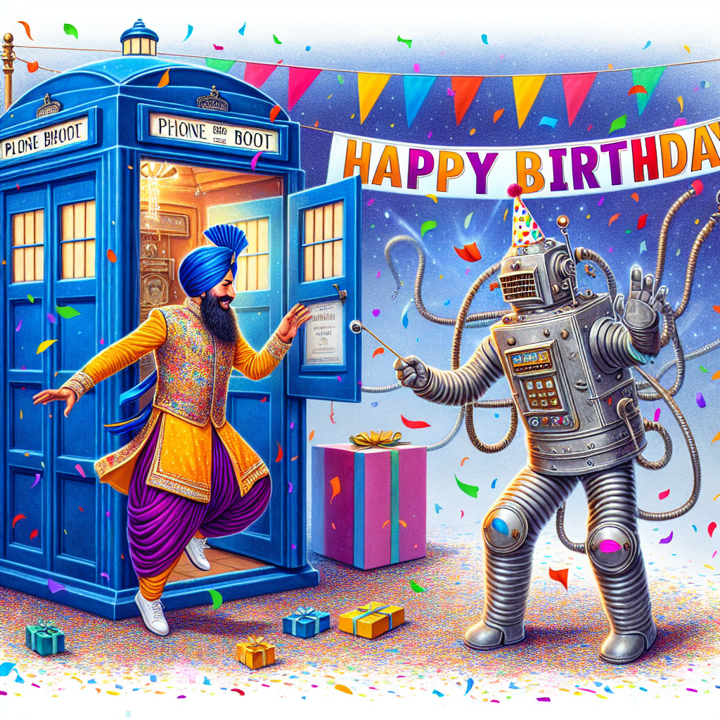 A delightfully imaginative birthday illustration reminiscent of the magical aura of vintage sci-fi serials. Central to the illustration is a Punjabi man in a vibrantly hued Bhangra outfit, swept up in the joy of dance, with a characteristic cobalt blue vintage English phone booth serving as a whimsical backdrop. Multicolored confetti falls from above, sprinkling an air of celebration around. Adding to this merry scene is a jolly futuristic metal-encased being, embellished with a party hat, unrolling a 'Happy Birthday' banner that stretches across the expanse of the image.
Generated with these themes: Dr who, Tardis, Dalek, Bhangra, and Singh.
Made with ❤️ by AI.