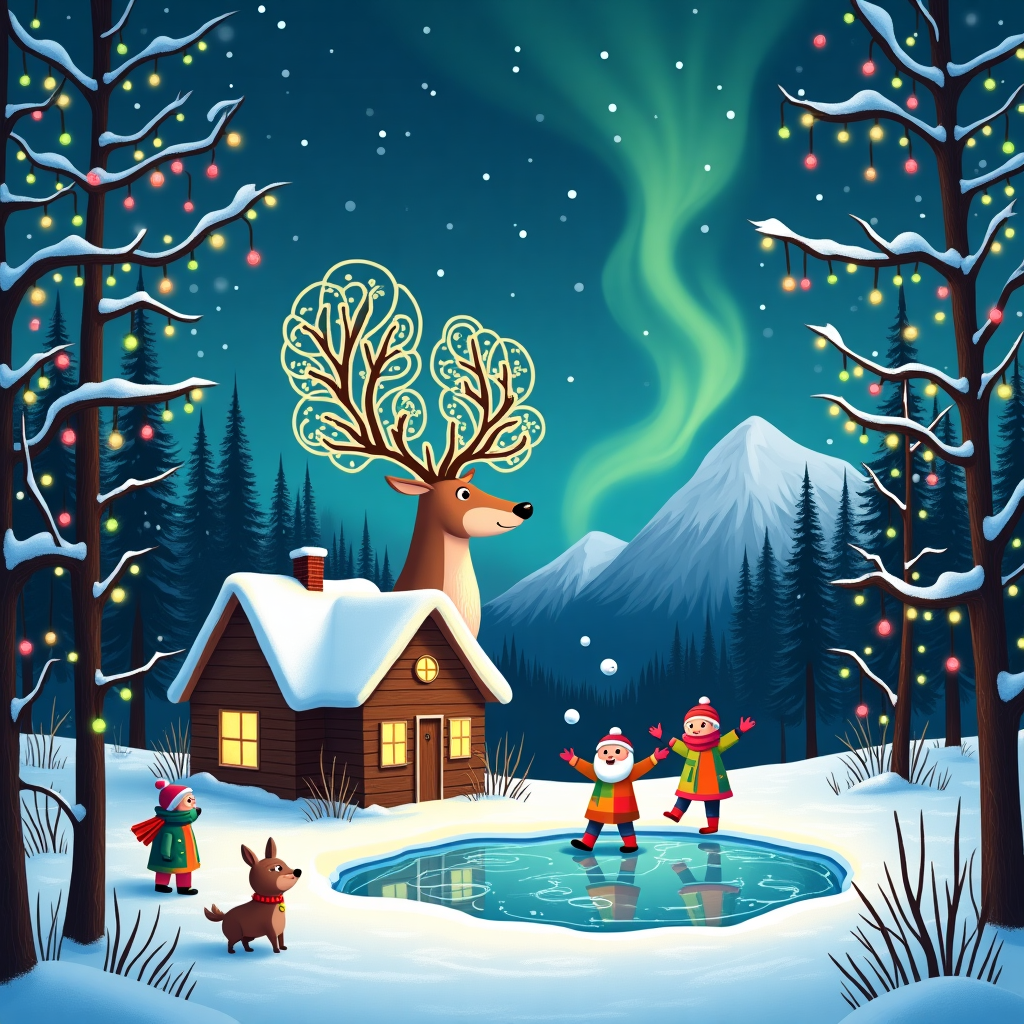 In the heart of a whimsical, snow-blanketed forest, a charming scene unfolds under a starry twilight sky. Imagine a majestic reindeer with intricately swirling antlers, resembling delicate filigree patterns inspired by Malika Favre's minimalistic elegance. The reindeer stands proudly on a glistening, crystalline ice patch that reflects the ethereal glow of the Northern Lights dancing above, painted with vibrant geometric patterns reminiscent of Matt W. Moore's work. Around the reindeer, curious woodland creatures gather, each illustrated with clean, bold lines and a pop of color, taking cues from Geo Law's playful designs.

In the foreground, a cozy log cabin is nestled among snow-laden pine trees, their branches forming symmetrical patterns that echo Patrick Seymour's precise linework. The cabin's windows are aglow with warm light, hinting at the joyful gathering within. Strands of colorful fairy lights are strung from tree to tree, their luminescent orbs mirrored on the shimmering snow below, bringing a touch of Joshua Davis's digital flair.

Amidst the scene, a playful snowball fight ensues, with children donned in vivid, patchwork winter attire that could have sprung from the vibrant mind of Cristiano Siqueira. One child, mid-action, is captured in the midst of throwing a snowball, their expression of glee frozen in time. The reindeer watches with an amused twinkle in its eye, as if the guardian of this magical winter wonderland.

In the background, the snow-capped mountains loom with grandiose presence, their peaks dotted with stylized snowflakes that twinkle like stars, crafted with Yulia Sokolova's attention to intricate detail. Each element of this captivating scene weaves a story of festive joy and enchantment, perfect for a Christmas greetings card that tells a tale at a glance.
Generated with these themes: Reindeer.
Made with ❤️ by AI.