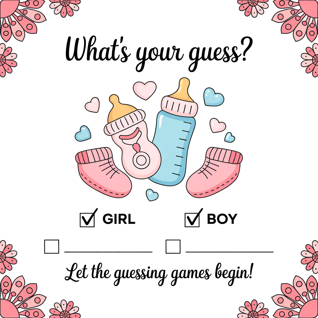 At the top of the image, "What’s Your Guess?"

- Add at the bottom of the image, "Let the guessing games begin!"

- In the center, depict a playful cartoon scene with soft baby-themed illustrations, like a pastel pink and blue rattle, bottle, and booties, surrounded by Indian-inspired floral borders or mandala designs. Include two checkboxes labeled ‘Girl’ and ‘Boy’ with space for the guest's name and a blessing or message. The overall design should feel festive, traditional, yet minimal.
Generated with these themes: Create a baby shower gender guessing card in pastel pink and blue colors, with Indian-inspired floral borders or mandala design. Title: ‘What’s Your Guess?’ Include two checkboxes: ‘Girl’ and ‘Boy’. Add space for the guest's name and a blessing or message. Keep the design festive and traditional but minimal. Do not include any gender reveal announcement. Add soft baby-themed illustrations (like rattles, bottles, booties).”, and .
Made with ❤️ by AI.