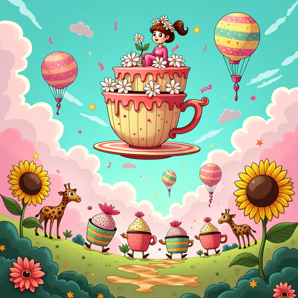 At the top of the cartoon image: "Have a slice of weird, Sarah – it’s your surreal-day!"

**Image Prompt:**
A dreamlike cartoon world where a giant birthday cake floats in the sky like a hot air balloon, its layers stacked like topsy-turvy teacups, each covered in psychedelic icing patterns. Sarah, in cartoon form, rides atop the cake wearing a flower crown made of daisies with googly eyes and tulips that are playing tiny trumpets. Below her, clouds are shaped like cupcakes with rainbow sprinkles raining edible confetti. Giant, walking sunflowers wearing party hats march in formation across a melted checkerboard meadow, handing out tiny cupcakes to dancing teapots. In the distance, a clock with frosting for hands ticks backwards while balloons shaped like giraffes carry "Happy Birthday" flags in looping patterns across a pastel pink and teal sky. Everything drips with candy colors, celebrating the wonderful weirdness of Sarah’s big day.
Generated with these themes: Happy Birthday Sarah , Cake, Flowers , and .
Made with ❤️ by AI.