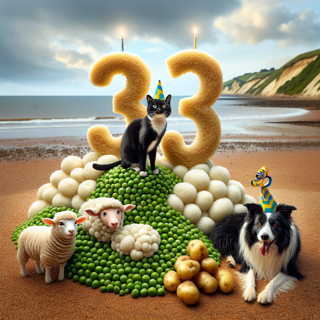 Black & white cat, sheep, border collie, potatoes and peas, England seaside, “33“ Birthday Card