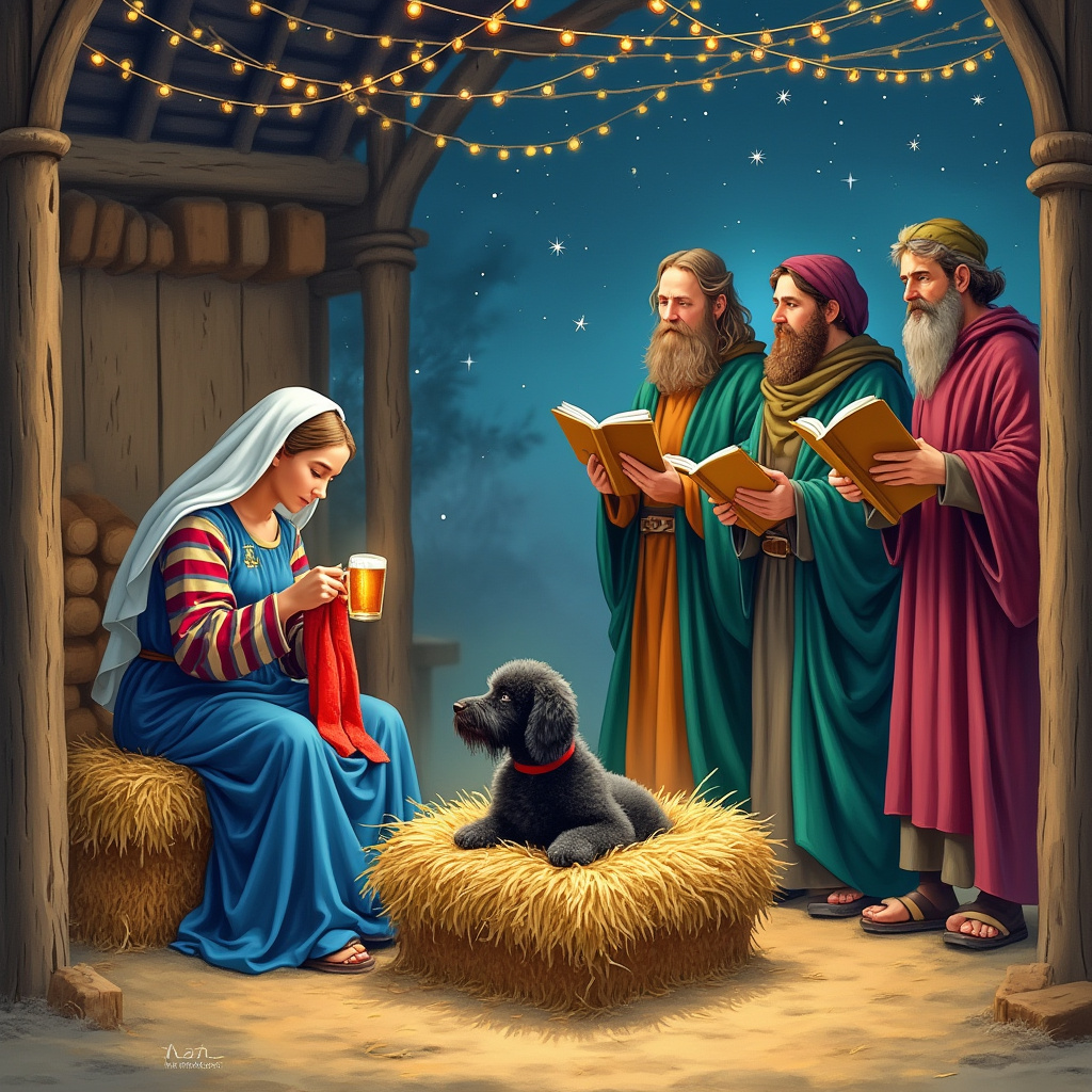 Nativity scene, Mary Knitting, Black poodle in manger, Joseph wearing Hull City Tigersfootball shirt and holding a pint, and 3 wise men choir singing Christmas Card