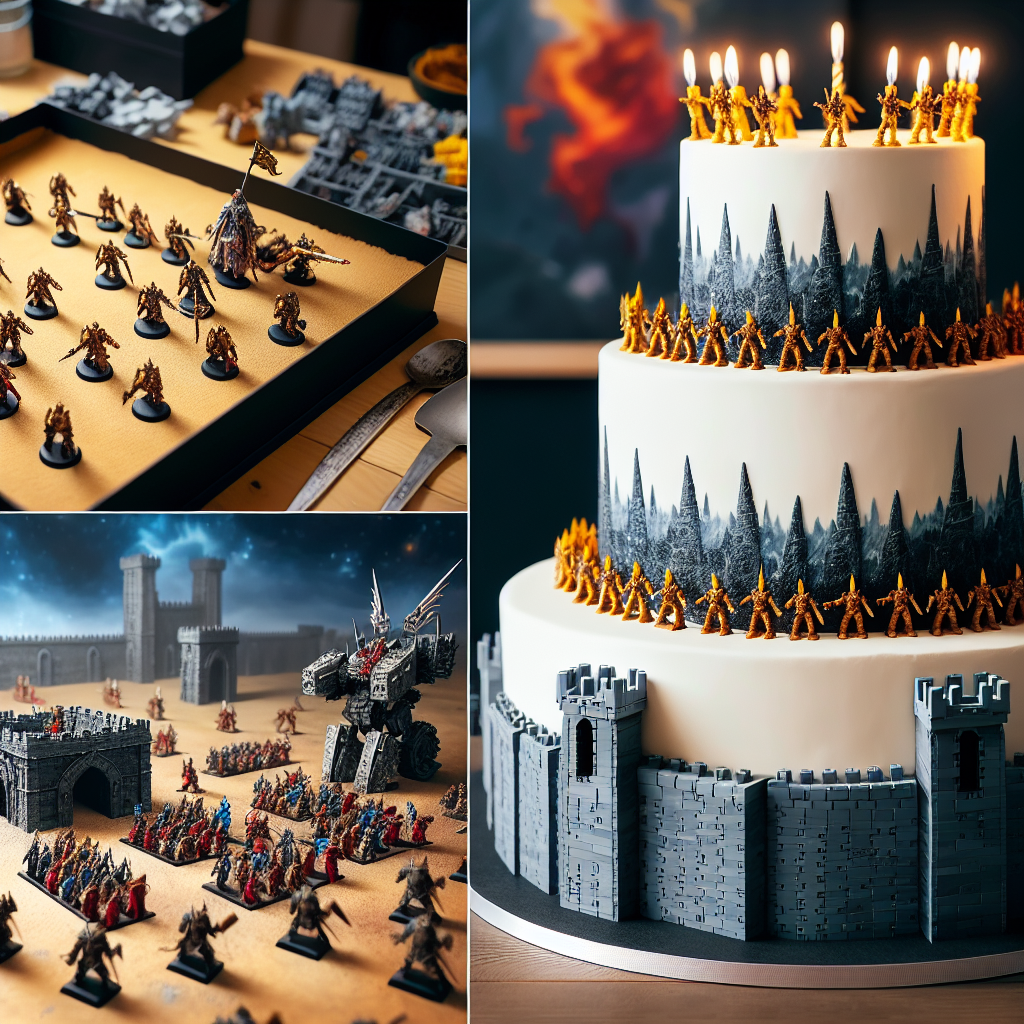 Create an image of a somber and authentic birthday setting where attendees are surrounded by a high-fantasy scene. Display Warhammer-like miniature figures arranged in battle formations on an expansive map, suggesting a strategic war game. Next to this, portray a large fortress built from interlocking blocks similar to Legos, commanding the view. At the center of the celebration, let there be a cake decorated to look like it belongs in a game of Dungeons & Dragons, giving an air of thrilling quests and adventures with each piece.
Generated with these themes: Dungeons & Dragons, Warhammer, and Lego.
Made with ❤️ by AI.