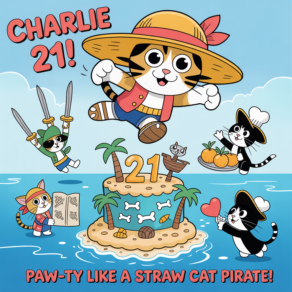 At the top of the Cartoon Style image, "Charlie 21!"

At the bottom of the image, "Paw-ty like a Straw Cat Pirate!"

- Center scene: A chubby, bright-eyed tabby cat dressed like Luffy—oversized straw hat with a red band, open red vest, blue shorts, and sandals—springing forward in a heroic, super-cute leap. Its rubbery, super-stretchy paws wrap around a towering treasure-island birthday cake.
- The cake: ocean-blue frosting with sandy cookie shores, palm-tree candles, a shiny gold 2 and 1 candle, fish-bone sprinkles, and a tiny cat pirate ship topper.
- Crew of cats: 
  - a green-bandana swords-cat playfully juggling three toy katanas,
  - a calico navigator cat clutching a paw-printed treasure map and a bundle of tangerines,
  - a tuxedo chef cat mid-flip with a heart-shaped, fish pancake in a skillet.
- Setting: Sunlit pirate ship deck with planked wood, rope rails, and a sparkling teal sea. Fish- and paw-shaped balloons, bunting flags, and confetti waves swirl around for extra birthday energy.
- Style and mood: Cute, playful cartoon with exaggerated proportions, thick black outlines, and bright saturated colors; starry eyes, big grins, dynamic motion lines, and glittery sparkles.
- Composition: Headline at the very top in chunky, bubbly lettering with a warm drop shadow for legibility; punch-line at the bottom in playful brush lettering on a slight arc. Golden foil “2” and “1” balloons float near the crew, with paw-print confetti drifting through a sunny, blue-sky backdrop.
Generated with these themes: Luffy one piece cats, and .
Made with ❤️ by AI.