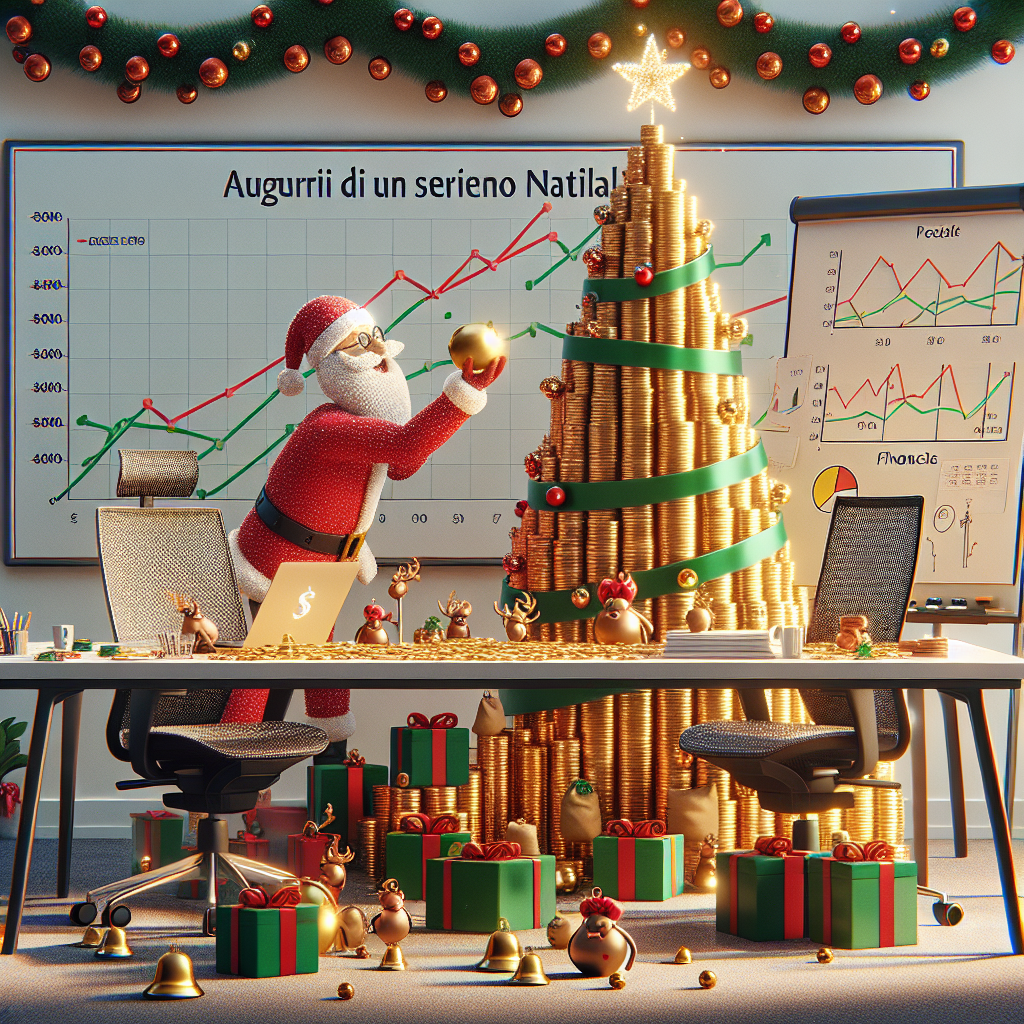 A whimsical office Christmas scene where ergonomic desk chairs are adorned with red and green ribbons and tiny bells. A Christmas tree made of stacked golden coins glints from the corner, with financial graphs as ornaments and dollar sign tinsel. A jolly Santa Claus, wearing a sleek business suit instead of his usual attire, stands by a flip chart with financial forecasts, playfully tossing a snowball of crumpled paper. Prominently displayed across the top of the whiteboard is the festive greeting 'Auguri di un Sereno Natale' in elegant, error-free calligraphy.
Generated with these themes: Finance.
Made with ❤️ by AI.