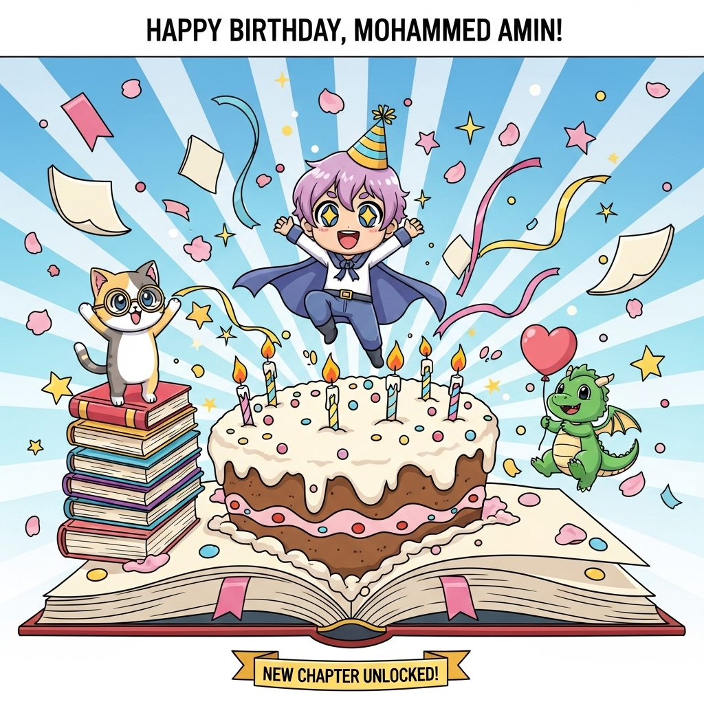At the top of the Cartoon Style image, Happy Birthday, Mohammed Amin!

A super-cute anime tableau bursting with color: a giant open storybook doubles as a frosted birthday cake, its curled pages iced with pastel swirls and dotted sprinkles, candles glowing with star-shaped flames. From the book-cake leaps a chibi hero with big sparkling eyes, pastel hair, and a tiny party hat, cape flowing like a satin bookmark—arms wide in an energetic, joyful pose. Around them, whimsical sidekicks: a chibi cat in round reading glasses balancing on a stack of candy-colored novels, and a baby dragon hugging a heart balloon, both cheering. Floating pages and bookmark ribbons swirl like confetti, with twinkling star sparkles, cherry blossom petals, and streamers arcing through a radiant sky-blue-to-pink gradient and anime sunburst rays. Thick black outlines, bright saturated colors, glossy highlights, and playful cel shading keep everything bold and adorable. At the bottom, on a small ribbon banner: “New chapter unlocked!”
Generated with these themes: Anime, Novel, , and .
Made with ❤️ by AI.