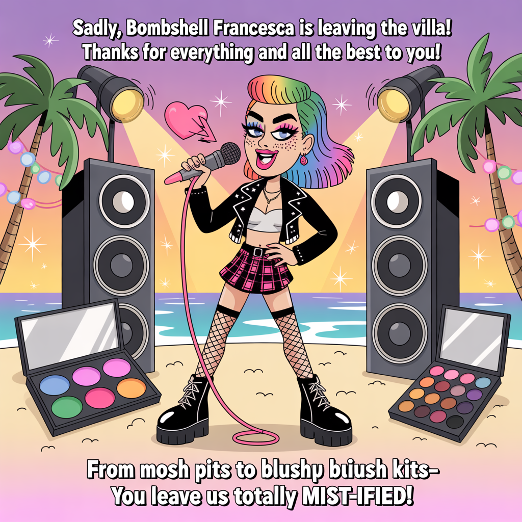 At the top of the Cartoon Style image, "Sadly, Bombshell Francesca is leaving the Villa!  Thanks for everything and all the best to you!"

At the bottom of the image, "From mosh pits to blush kits—you leave us totally mist-ified!"

- Center scene: A vibrant Love Island-style villa transformed into a beachside concert stage. Palm trees strung with neon fairy lights frame a sun-kissed stage with towering speakers and glittery spotlights.
- Star of the show: Cartoon Francesca, exaggerated proportions and thick outlines, mid-hair-flip on a giant speaker. She’s in edgy alternative fashion: studded leather crop jacket, tartan mini, fishnets, chunky platform boots, and split-dye neon hair. Massive winged eyeliner, glitter freckles, and a playful smirk.
- Mic + makeup mashup: Francesca sings into a vintage perfume-bottle microphone with a squeeze bulb that sprays heart-shaped mist. A huge eyeshadow palette doubles as a DJ deck; a mascara wand stands in as a bass guitar; lipstick drumsticks bang on a compact drum.
- Crowd energy: Cartoon islanders in edgy-alt swimwear and accessories (mesh cover-ups, chokers, bold piercings) cheer with glow bracelets and heart-shaped sunglasses, waving inflatable perfume bottles and foam fingers shaped like lipsticks.
- Background details: Pool reflecting neon hearts and lightning bolts; confetti raining down shaped like tiny musical notes and mini lipsticks; a cheeky seagull sporting perfect eyeliner swoops by.
- Style and palette: Bright saturated pinks, turquoise, lemon yellow, and electric purple; bold, thick black outlines; whimsical, energetic poses; dynamic motion lines and sparkles for comedic pop.
- Composition: Slight low-angle hero shot of Francesca center stage; the top headline sits in a glossy lipstick-swipe banner; the bottom punch-line rides a studded ribbon banner across the stage front.
Generated with these themes: Concerts, Makeup, Perfume, Love Island, Edgy Alternative Fashion, and .
Made with ❤️ by AI.