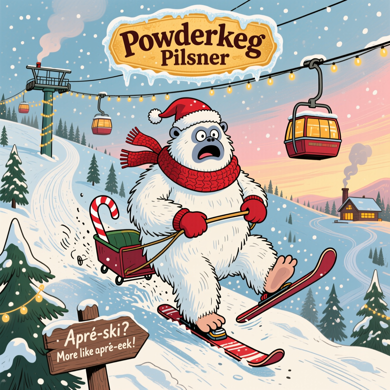 A yeti being towed by a tbar up a ski hill, one ski falling off, scared expression, Backdrop ski hill , "Powderkeg Pilsner" label on top, and Christmas Card