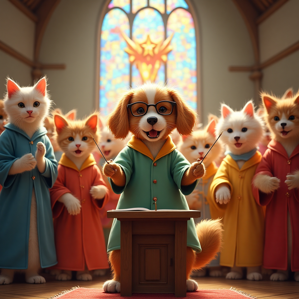 **Image Prompt:**

Imagine a delightful scene set inside a charming, whimsical church with stained glass windows casting colorful rays of light. A choir of cats and dogs dressed in vibrant, oversized cassocks are enthusiastically singing. The cats, with fluffy tails and big, expressive eyes, are hitting the high notes, while the dogs, with floppy ears and wagging tails, harmonize perfectly. In the center, a ginger dog with a comically serious expression and a tiny baton in its paw stands on a small podium, acting as the conductor. Its tail is joyfully wagging, and it has a comically oversized pair of glasses perched on its snout.

**Text Caption:**

"Thanks for orchestrating a pawsome performance!"
Generated with these themes: Choir of cats and dogs in cassocks, Church, Ginger dog conductor, and .
Made with ❤️ by AI.