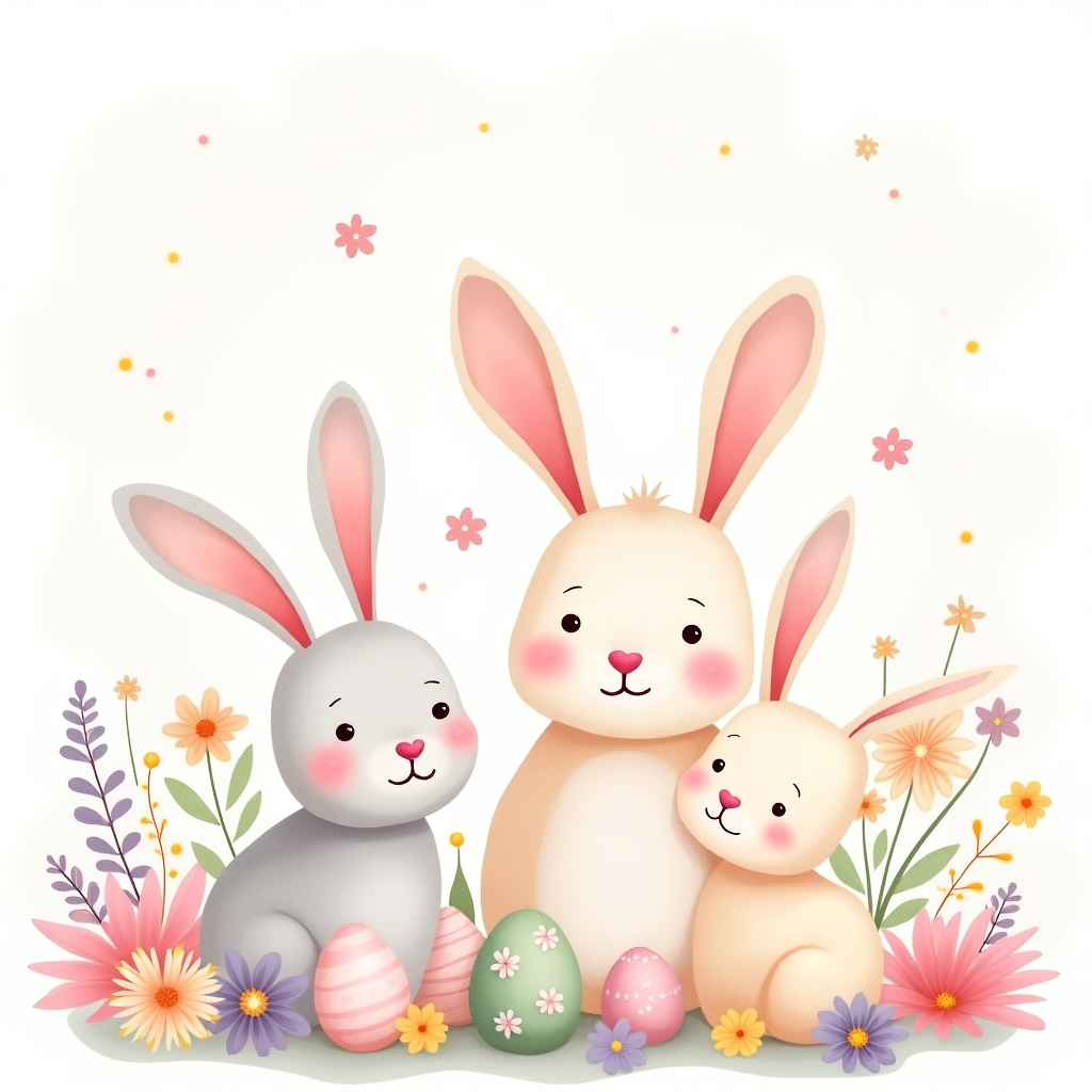**Prompt:**  
An abstract, whimsical Easter scene in soft pastel tones — a flurry of playful rabbits with oversized floppy ears nestled among blooming spring flowers and delicately decorated eggs. The bunnies are rendered in simplified, rounded shapes with blushing cheeks and button noses, their forms gently blending into painterly splashes of pinks, lilacs, and lemon yellows. Scattered stylized floral patterns and floating egg motifs add to the dreamy, joyous mood, while swirls and dots give a sense of gentle motion. The overall composition is airy, light, and heart-meltingly cute — a sweet, modern take on Easter joy.
Generated with these themes: Cute Easter card with rabies flowers and eggs .
Made with ❤️ by AI.